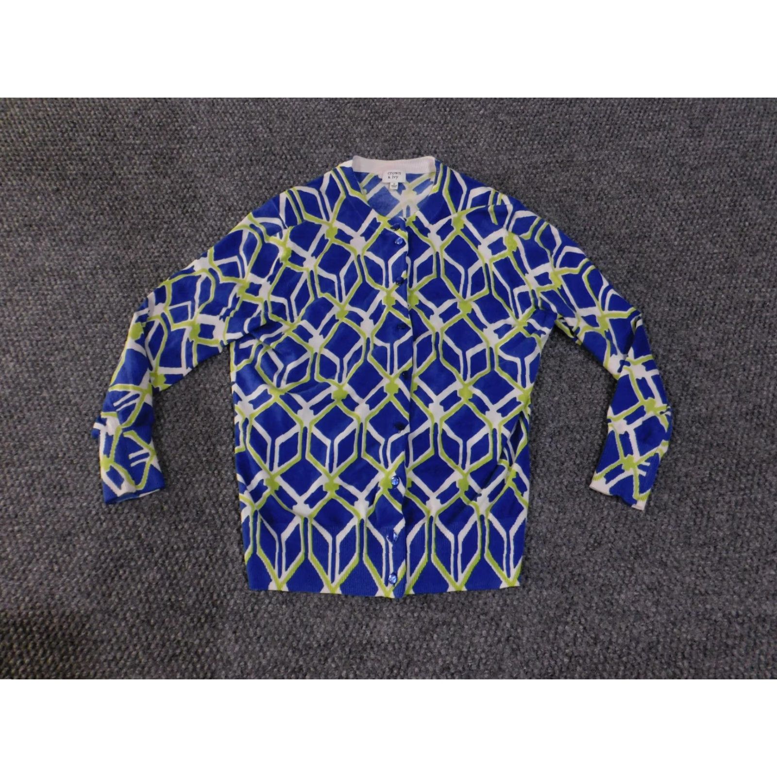 Vintage Crown & Ivy Sweater Cardigan Women's Small Geometric Print Lightweight Crew Neck Button Front Long Sleeve Home Size S / US 4 / IT 40 - 2 Thumbnail