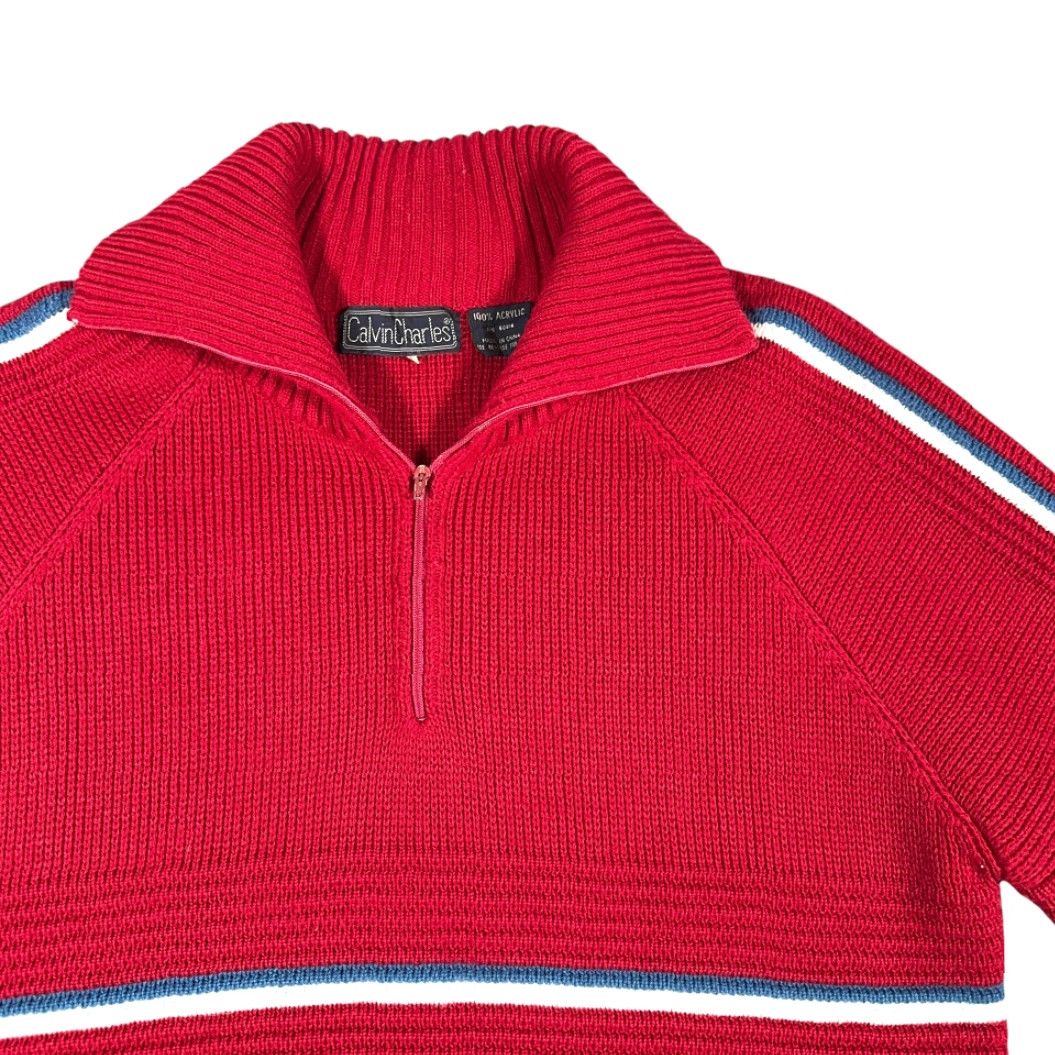 Vintage VINTAGE Calvin Charles Sweater Adult SMALL Red Textured Knit Quarter Zip 80s Size US S / EU 44-46 / 1 - 2 Thumbnail