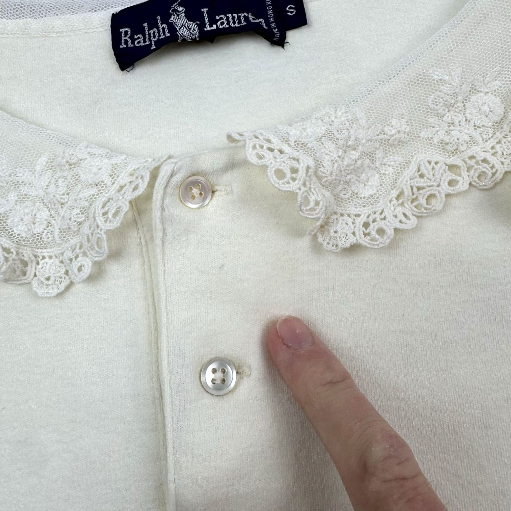 Ralph Lauren VINTAGE Ralph Lauren Womens Top Henley Lace Collar 1980s Designer Shirt/Top Beige Cotton Short Sleeve S Ladies Mens Womens Size S / US 4 / IT 40 - 3 Thumbnail