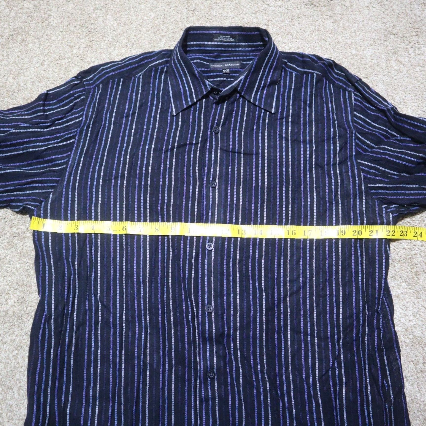 Vintage Michael Brandon Shirt Button-Up XL Blue Mens Casual Slim 17.5 Rayon 89% Striped Geometric Vintage No N/A Size US XL / EU 56 / 4 - 4 Thumbnail
