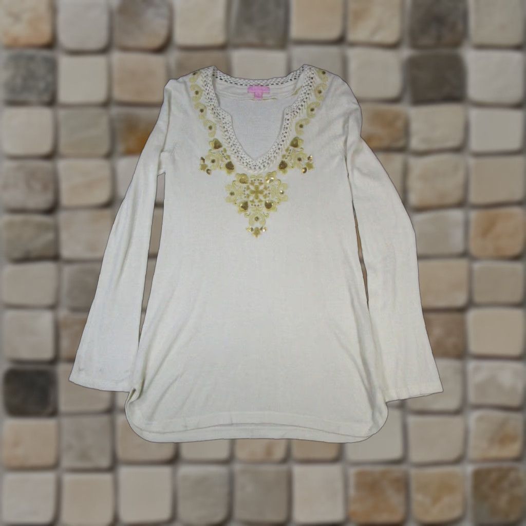 Lilly Pulitzer VINTAGE Lilly Pulitzer Sweater Shirt Womens M Ivory Yellow Knit Tunic V-Neck 3/4 Sleeve Solid 90s Concert Wear Mens? Size M / US 6-8 / IT 42-44 - 1 Thumbnail