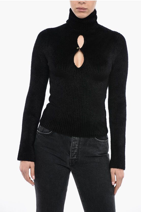 image of Moncler Chenille Turtle Neck Sweater With Jewel Button in Black, Women's (Size Medium)