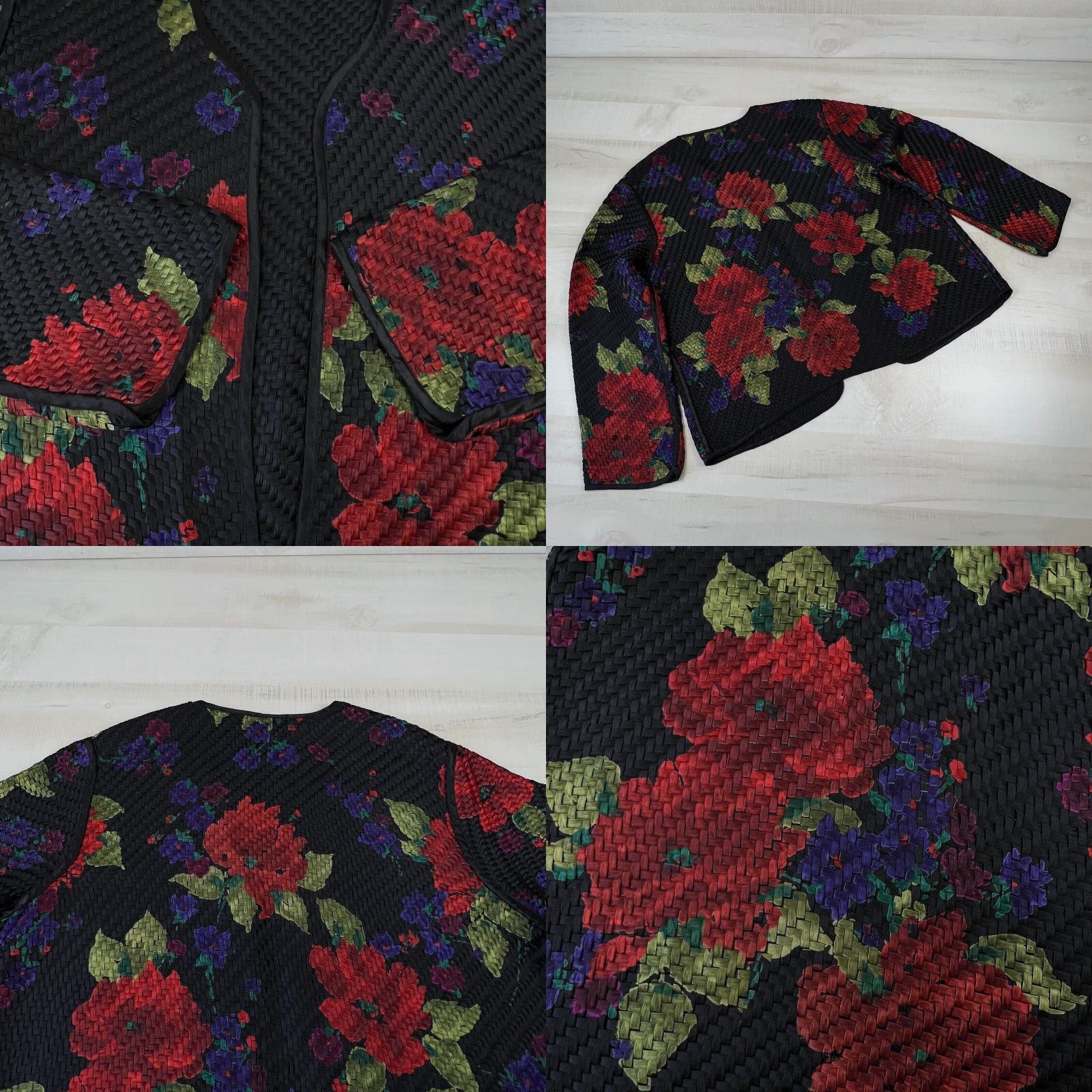 Vintage Chico's Women's Medium Black Silk Floral Open Front Cardigan Sweater Size M / US 6-8 / IT 42-44 - 8 Thumbnail