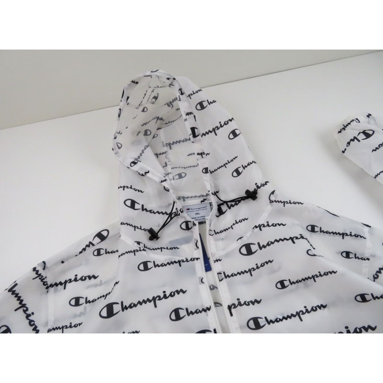 Champion Champion All Over Print Windbreaker Jacket Coat Mens XL Hooded Pullover Zip Front White Satin N/A Size US XL / EU 56 / 4 - 7 Thumbnail