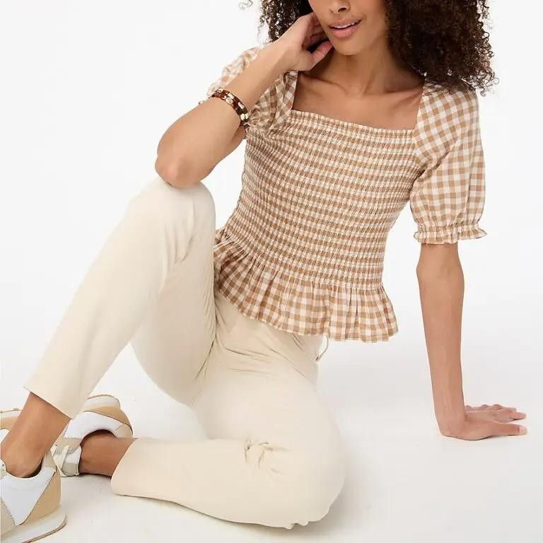 J.Crew J. Crew Chic Brown Gingham Flannel Smocked Crop Top Size M / US 6-8 / IT 42-44 - 1 Thumbnail