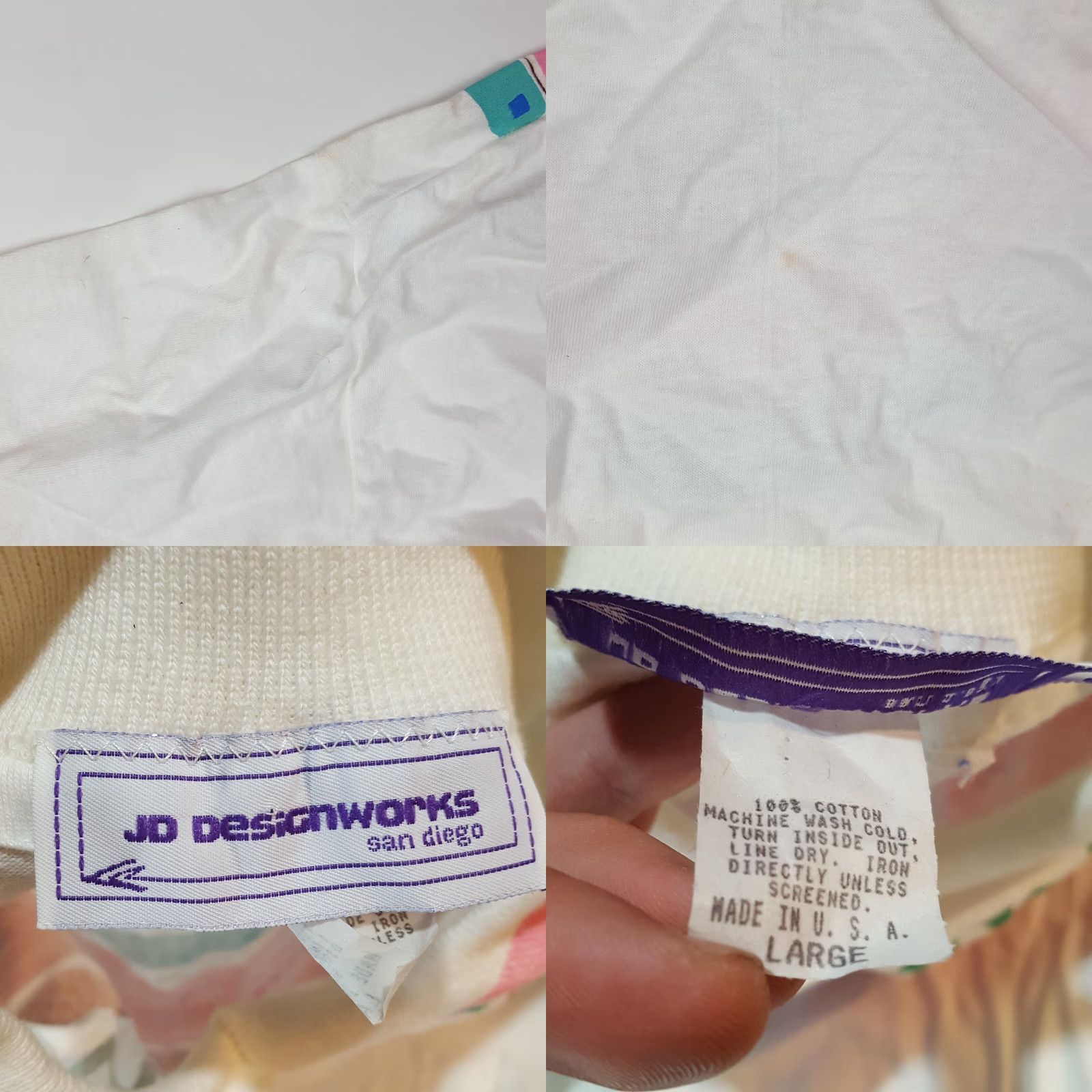Vintage VINTAGE JD Designworks T-Shirt 80s Collared Short Sleeve USA Hand Painted Size Large White Mens Womens, Adult Unisex Cotton Regular Size L / US 10 / IT 46 - 8 Thumbnail