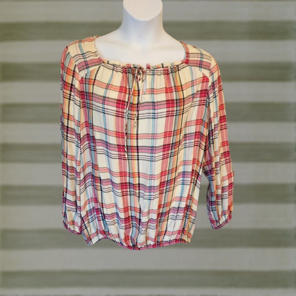 Vintage Lane Bryant Top Womens 18/20 White Plaid Flannel Blouson Red Blue Measurements Description Size XXL / US 16-18 / IT 52-54 - 1 Thumbnail