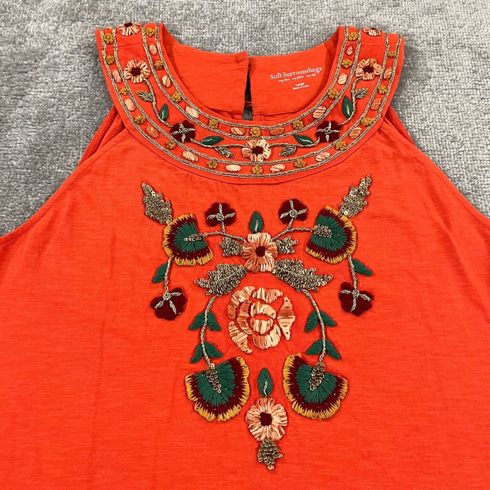 Soft Surroundings Soft Surroundings Dress Womens Large Orange Floral Embroidered Knee Length Cotton Zip Size L / US 10 / IT 46 - 3 Thumbnail