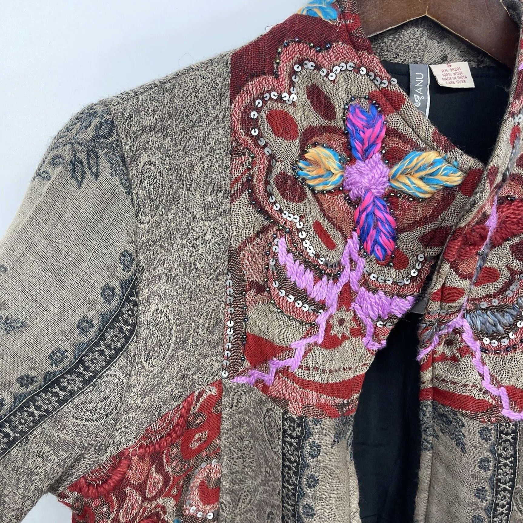 Vintage Anu Wool Sweater Women Small Floral Patchwork Cardigan Casual Brown Bohemian Size S / US 4 / IT 40 - 7 Thumbnail