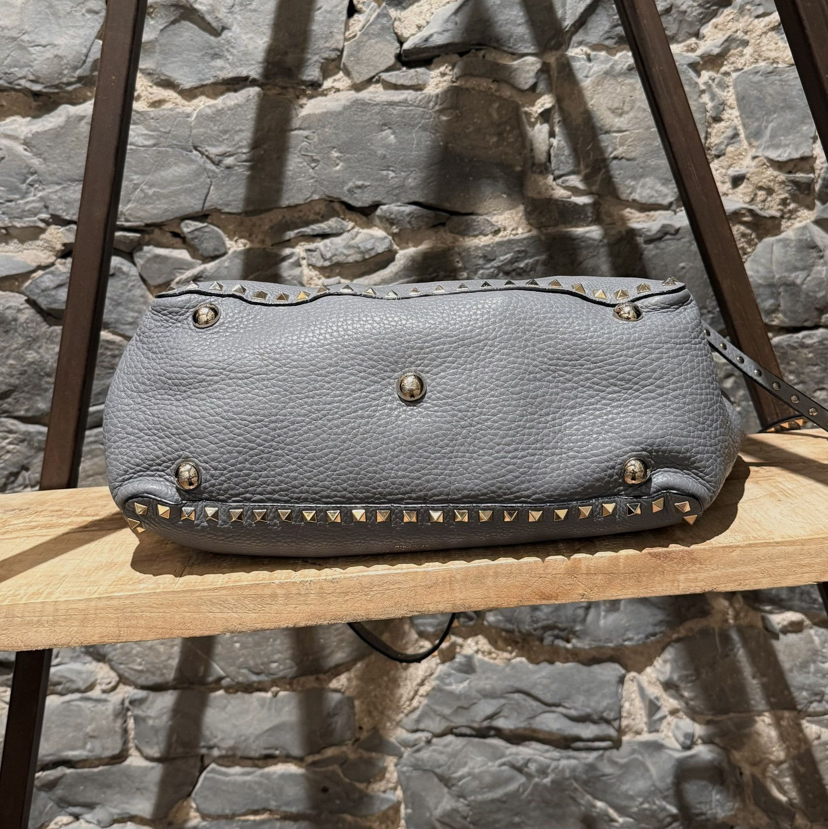 Valentino Valentino Grey Leather Rockstud Medium Shopping Tote Size ONE SIZE - 7 Thumbnail