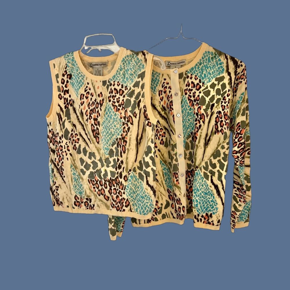 Bamboo Traders Sweater Twin Set Women's Medium Animal Print Sequin Retro Vintage