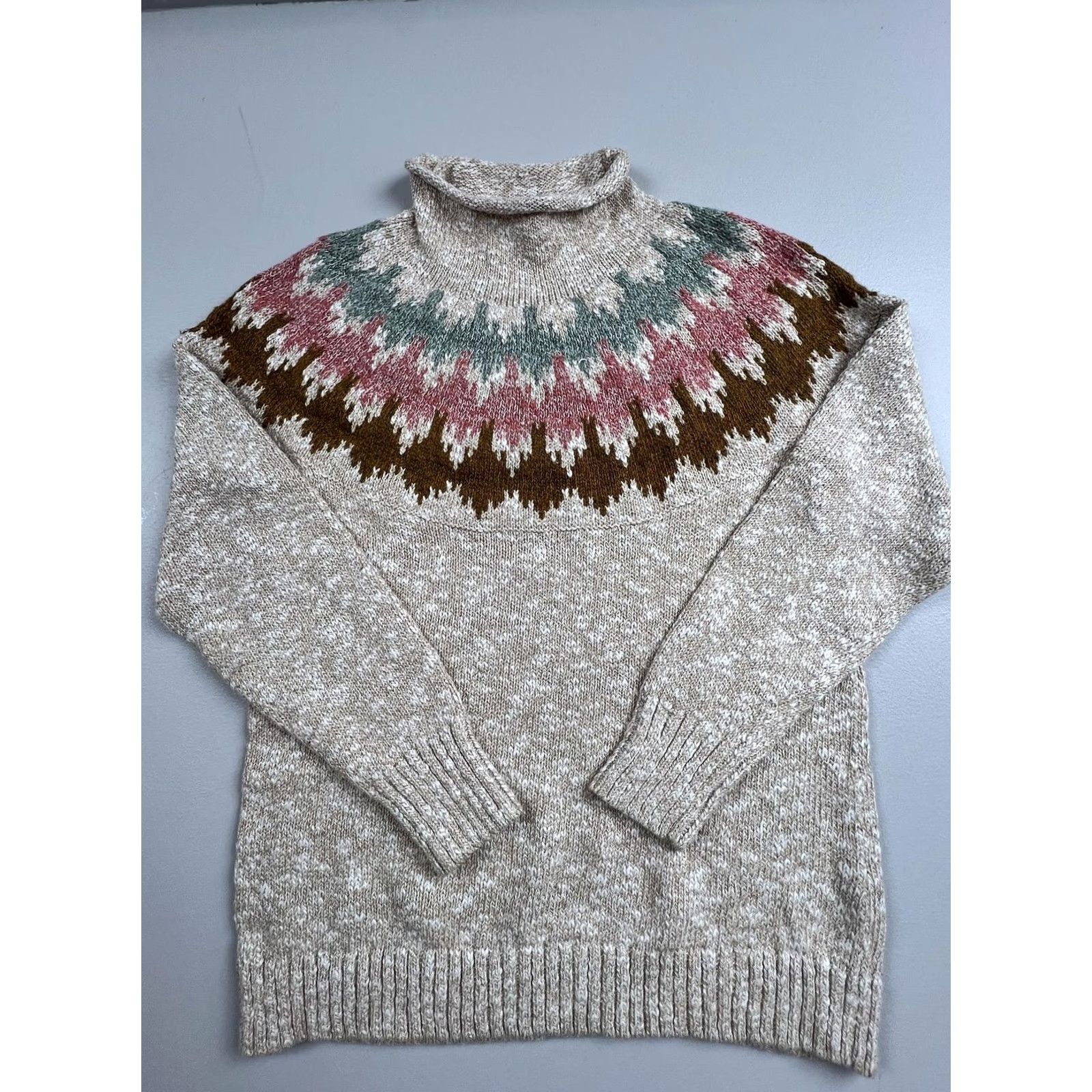 Vintage L.L. Bean Sweater Womens Medium Beige Turtleneck Fair Isle Knit Pullover Winter Size M / US 6-8 / IT 42-44 - 2 Thumbnail