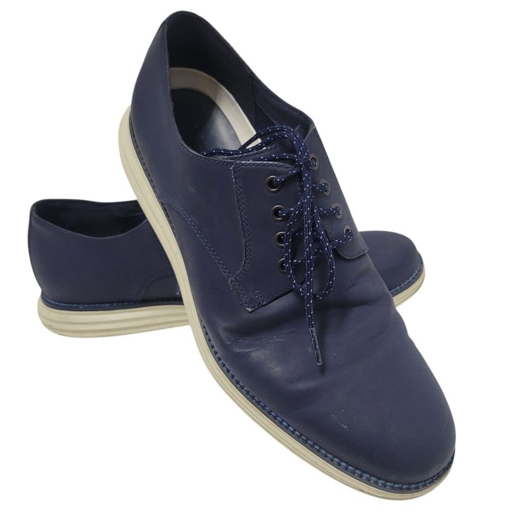 Cole Haan Men\'s Navy and Brown Penny  Loafers Sz 10M Mens Cole Haan Canvas Penny Loafer Navy brown leather trim  main image 2
