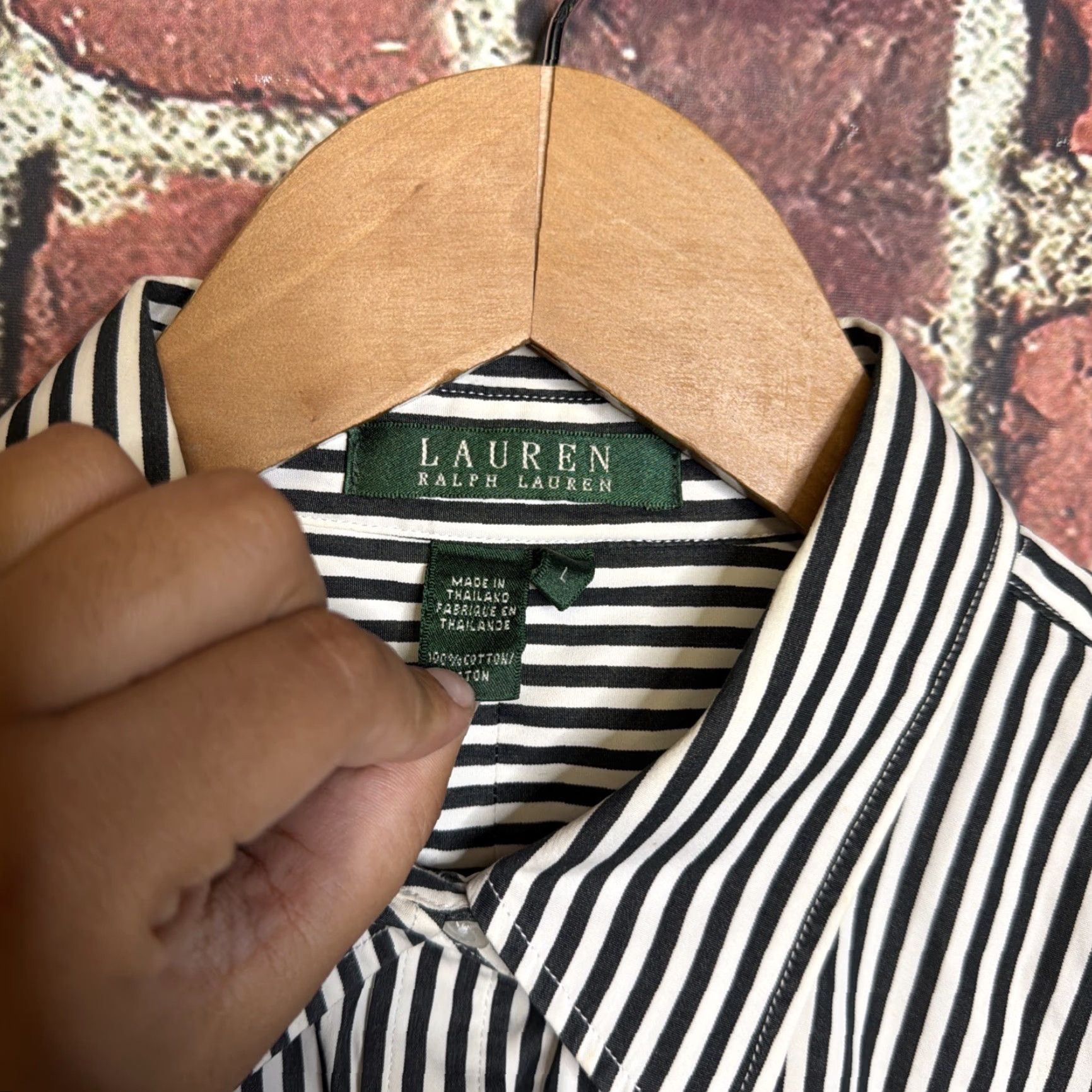 Lauren Ralph Lauren Button-Up Shirt Womens L White Blue Crest Striped Casual Spring Summer Fall Vintage No