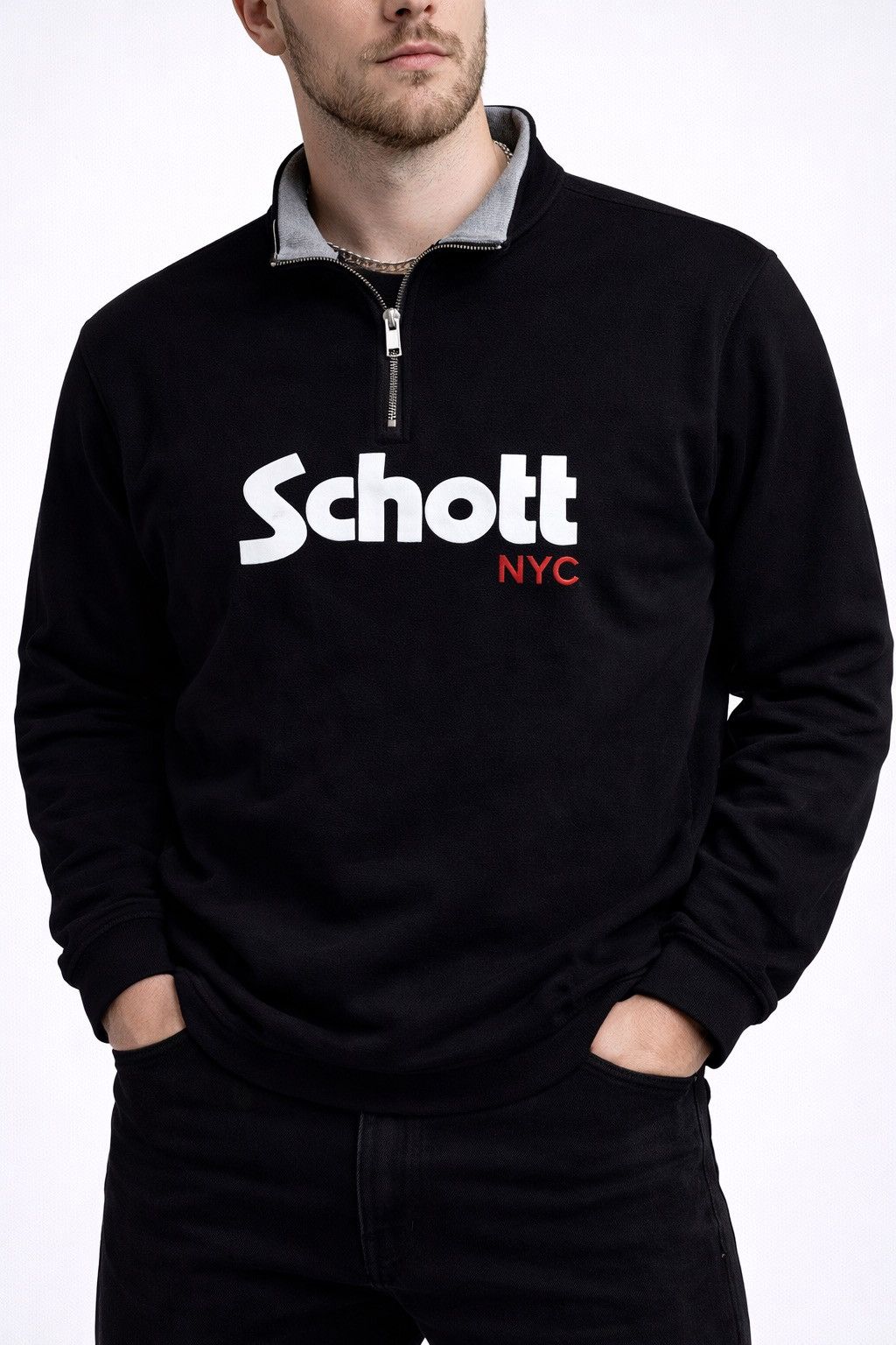 Schott Schott Nyc 1/4 Zip Sweatshirt Black Big Logo Size US S / EU 44-46 / 1 - 1 Thumbnail