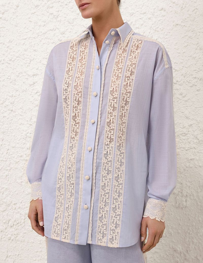 Zimmermann oc11z0126 Everley Lace Trim Shirt in Dusty Blue Size M / US 6-8 / IT 42-44 - 2 Thumbnail