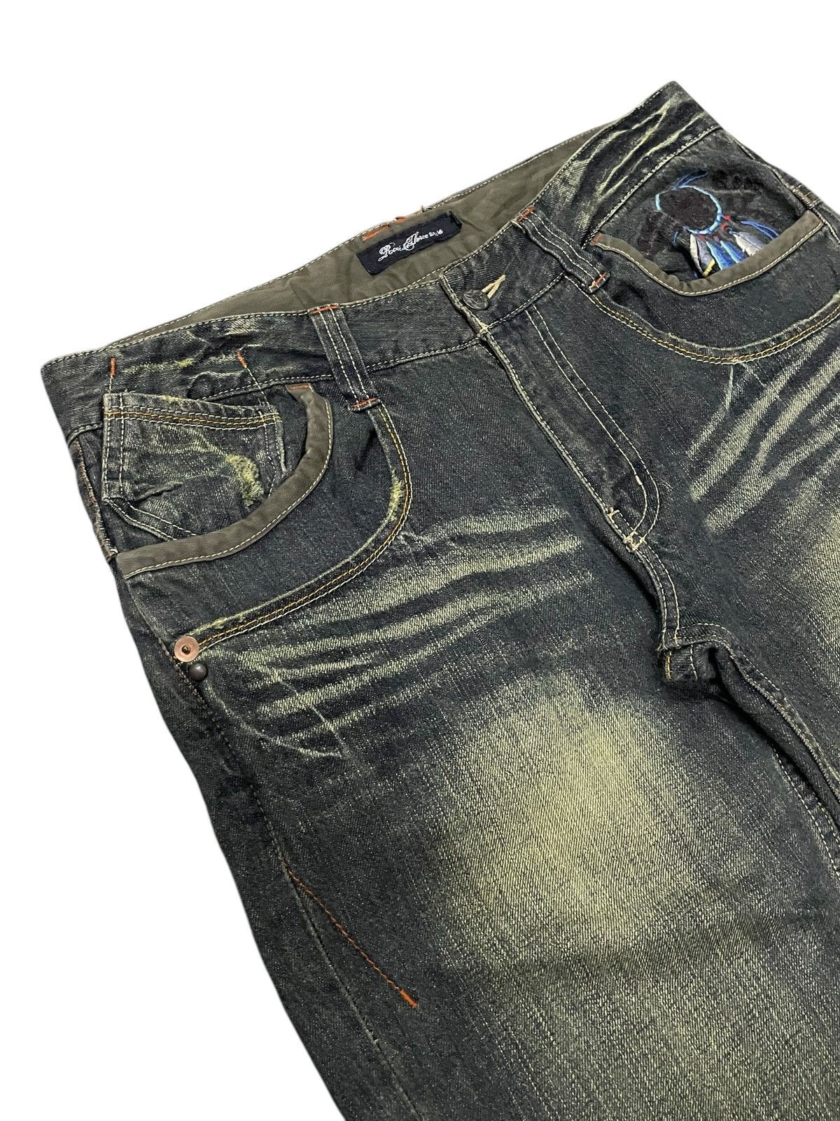 Hysteric Glamour × Roots Root Three Japan Muddy Green Flare Embroidered Native Jeans Size US 34 / EU 50 - 8 Thumbnail