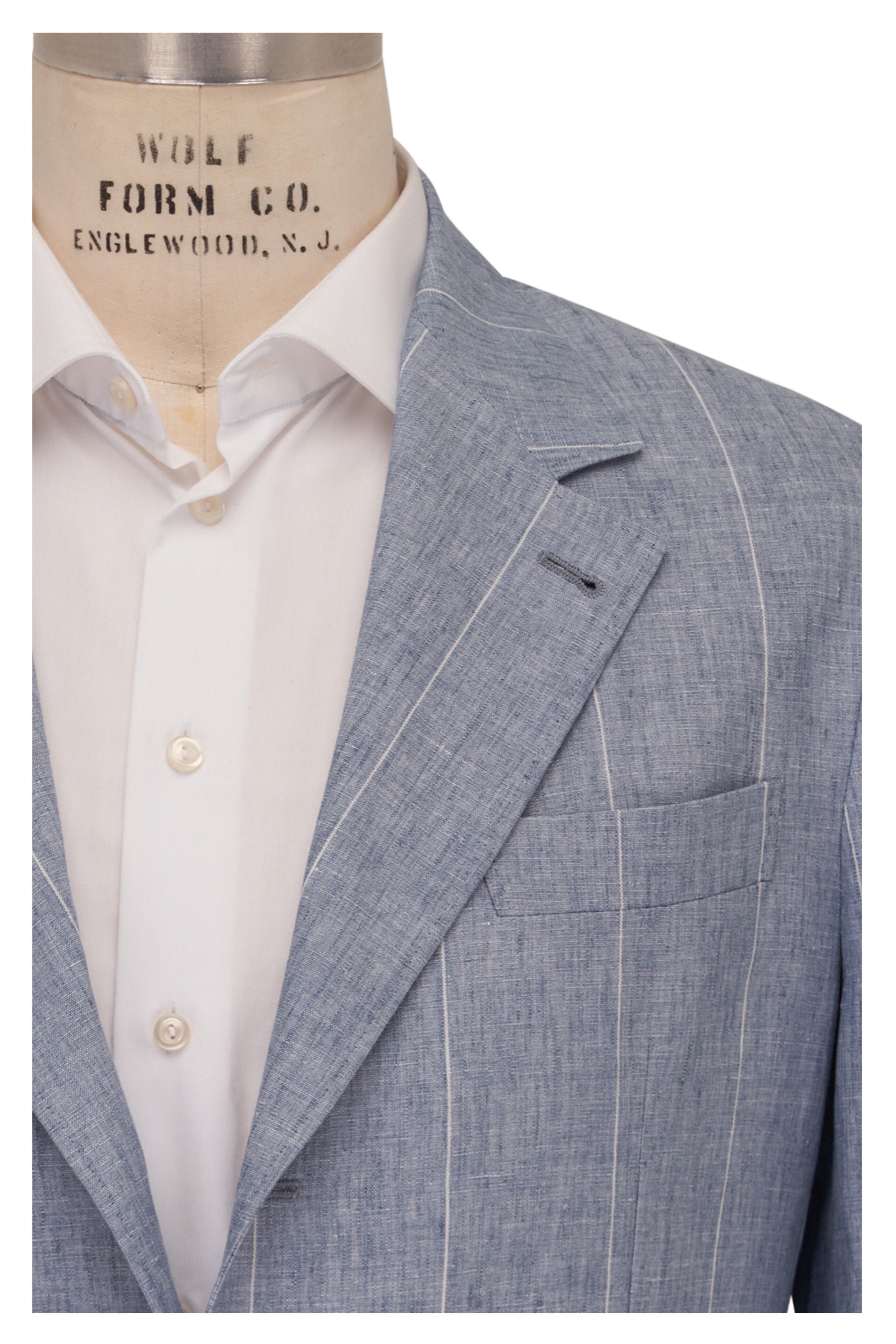 Brunello Cucinelli o1mtch0225 Stripe Linen Sportcoat in Light Blue Size US L / EU 52-54 / 3 - 3 Thumbnail