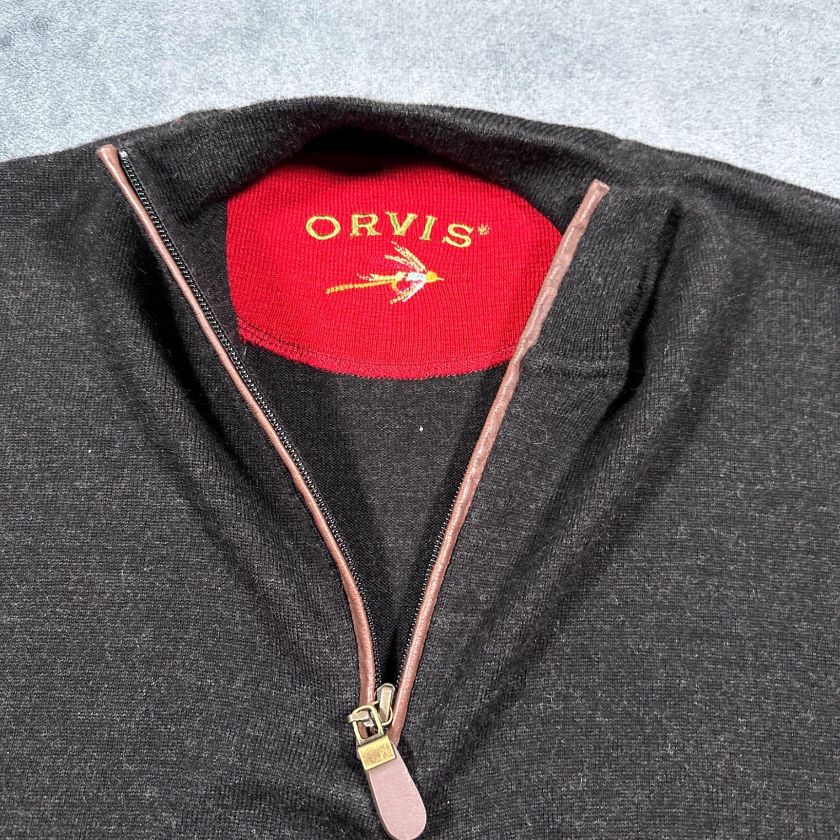 Orvis Men's Sweater Large Charcoal Gray Wool Half Zip Pullover