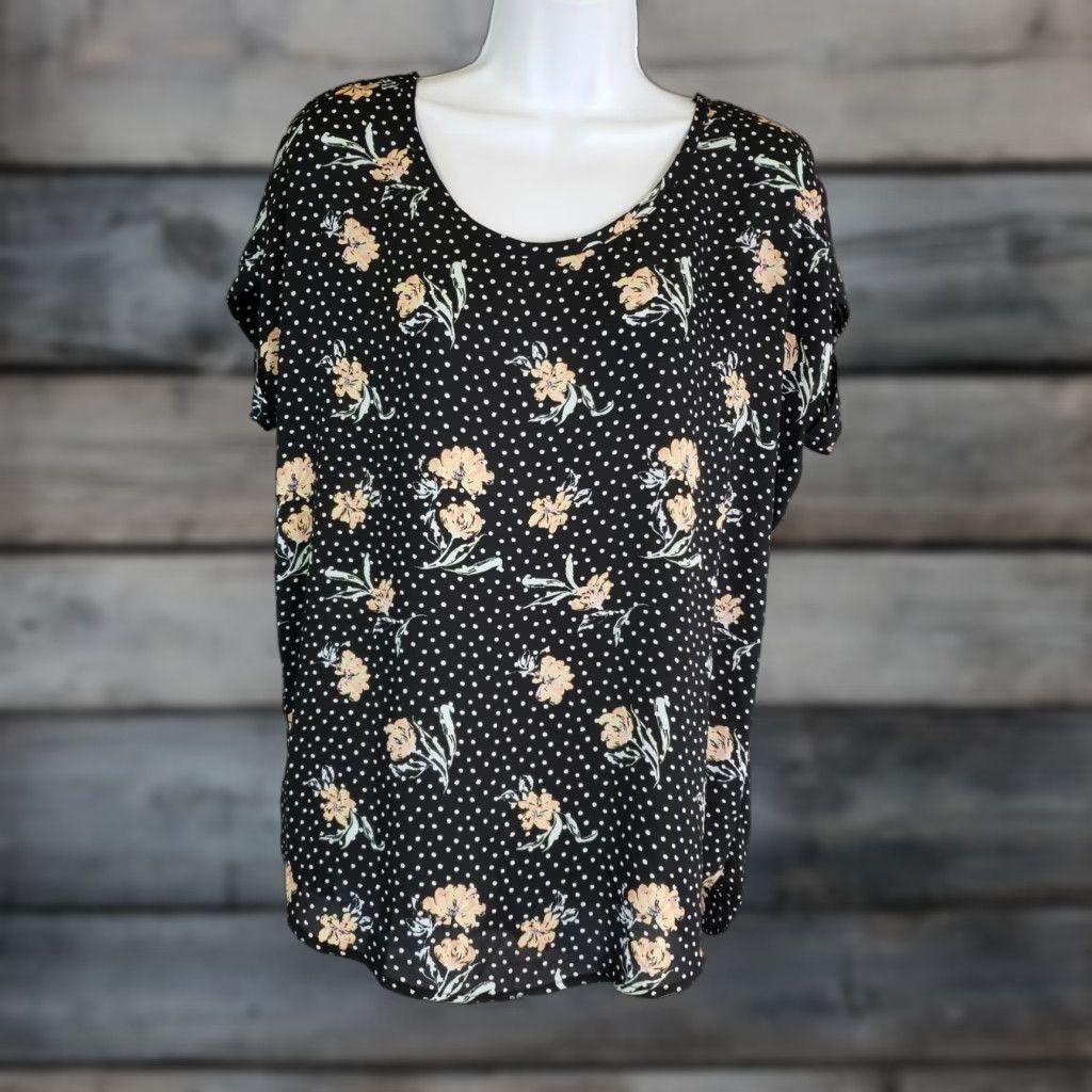 Vintage Pleione Blouse Women's Small Black Floral Polka Dots Scoop Neck Shirt Size S / US 4 / IT 40 - 1 Thumbnail