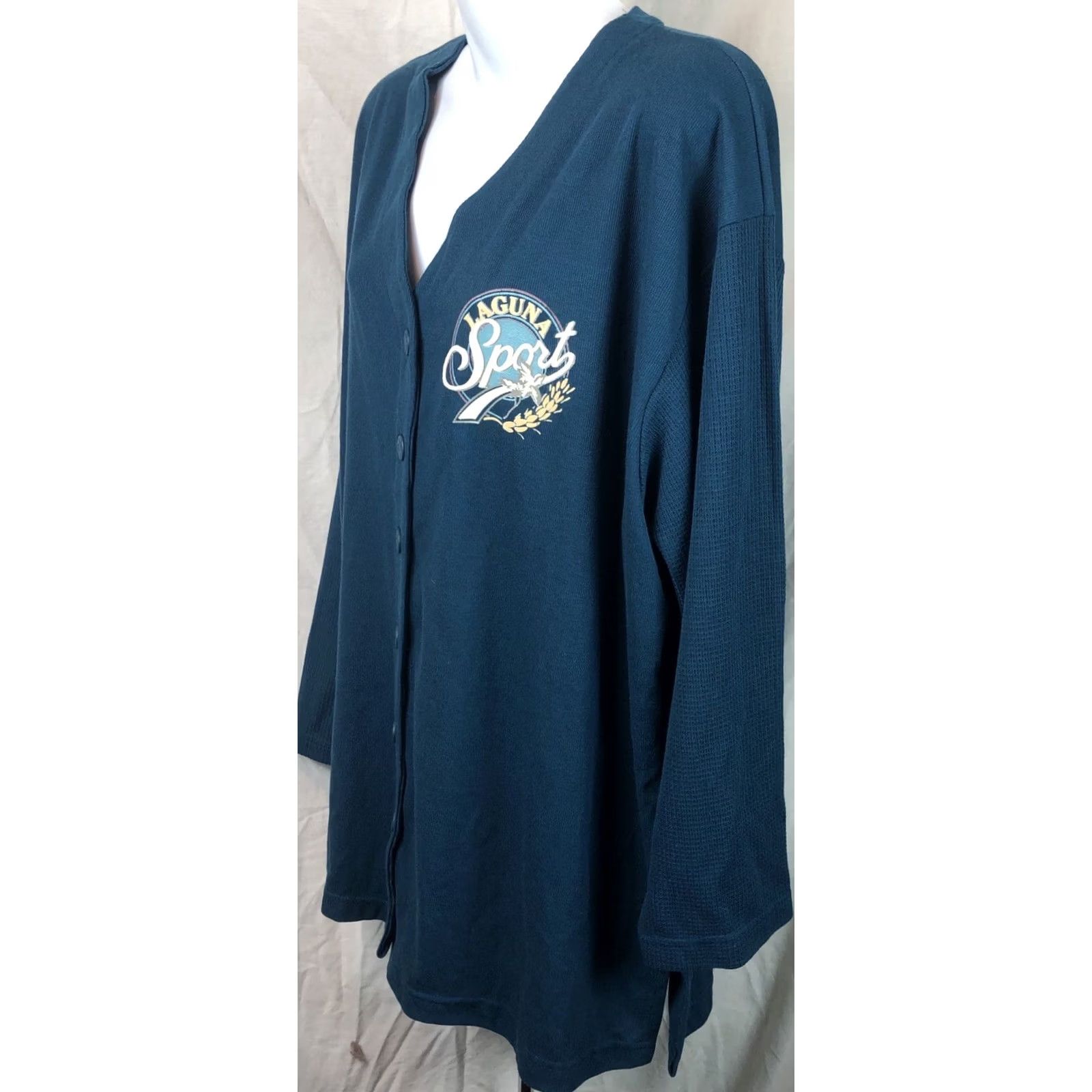 Vintage Laguna Sport Jersey Shirt Top 22W Turquoise Button Front V-Neck Longsleeve Womens Plus Size 22W Turquoise Jersey Sports Active Wear Size 3XL / US 20-22 - 3 Thumbnail