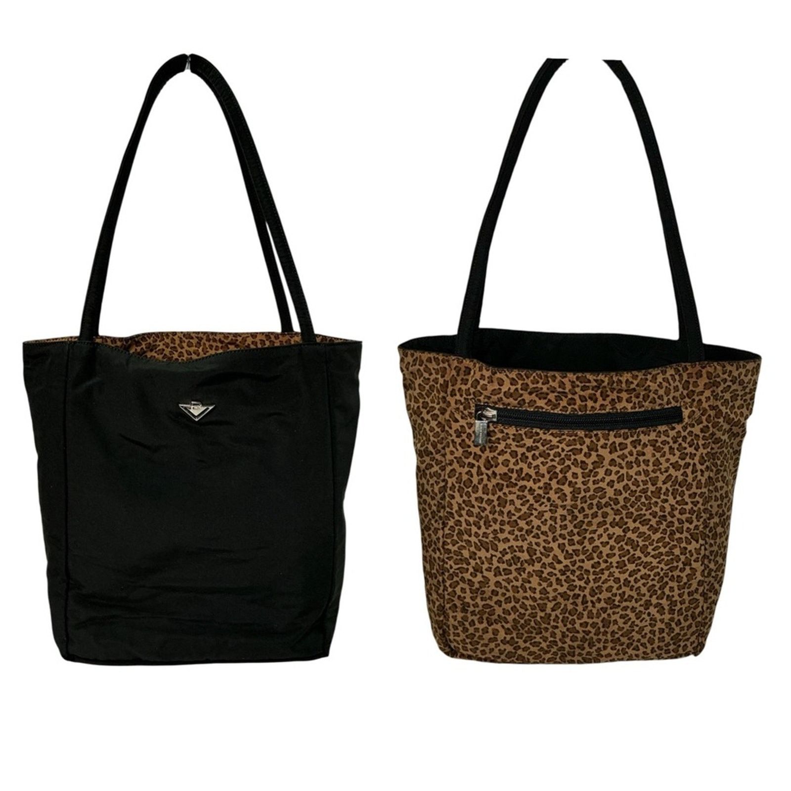 Auth Bottega Veneta Black Leopard Reversible Nylon Tote Bag