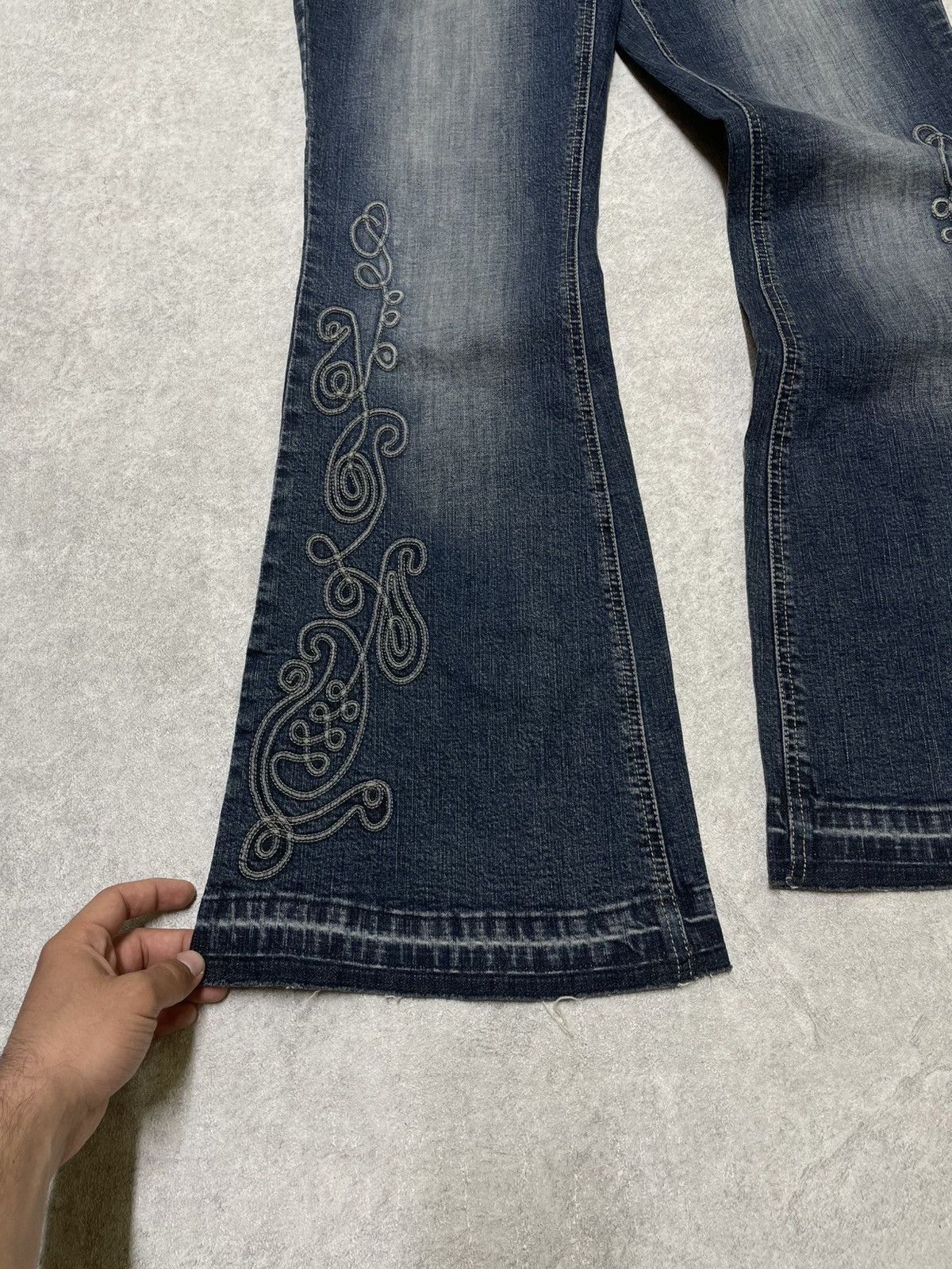 If Six Was Nine × Le Grande Bleu (L.G.B.) × Tornado Mart Skull Y2K Flare Jeans With Ornate Threadwork — Think LGB Size US 32 / EU 48 - 4 Thumbnail