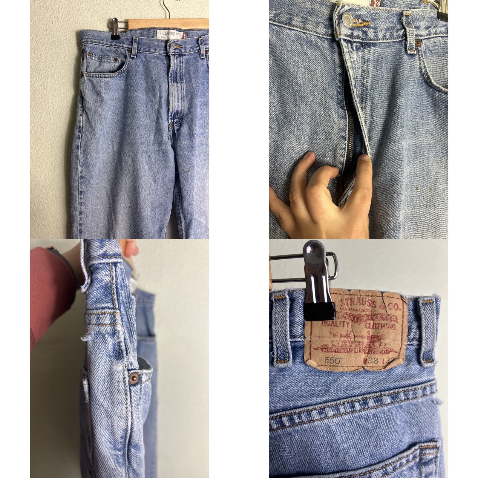 Levi's Levi’s 550 Jeans Mens Light Wash Relaxed Fit 38x32 Distressed Stains Blue Denim Straight 90s Inches? Size US 38 / EU 54 - 8 Thumbnail