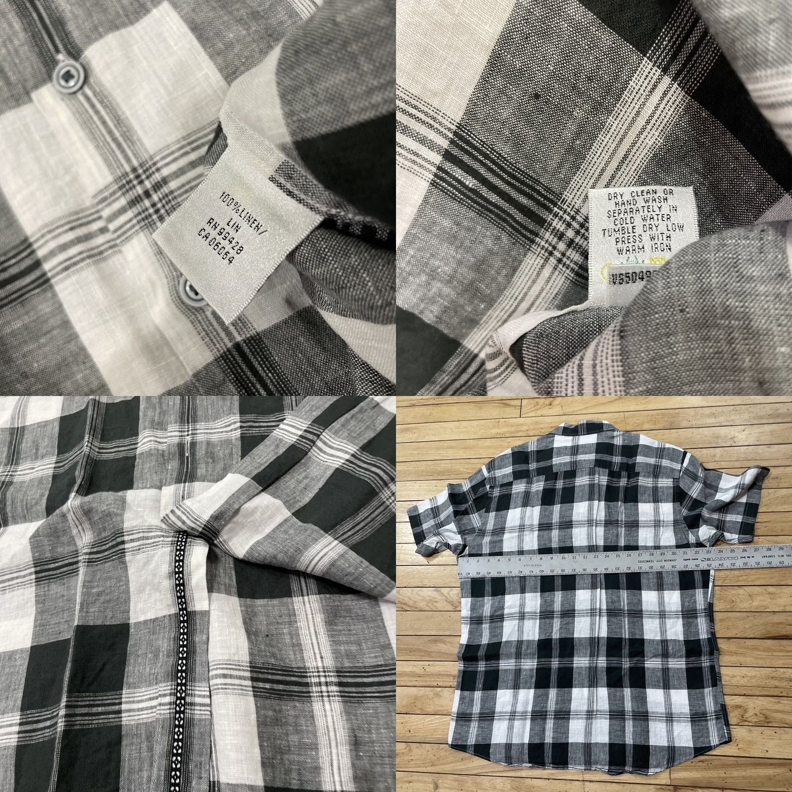 BUGATCHI BUGATCHI UOMO Shaped Fit Linen Shirt Men L Black White Checkered Plaid Collared Shirt Size US L / EU 52-54 / 3 - 8 Thumbnail
