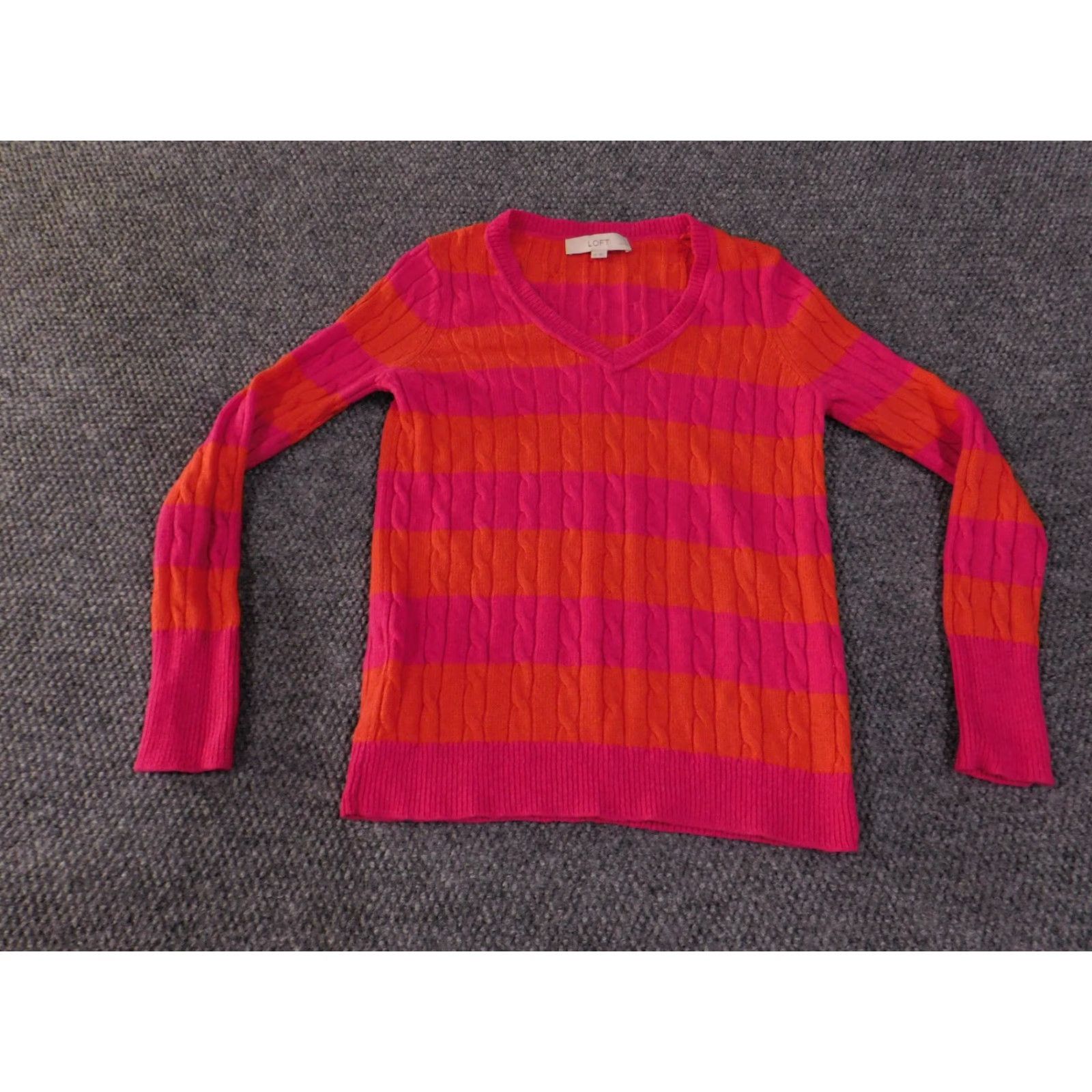 Loft LOFT Sweater Womens Petite Medium Pink Orange Stripe Cable Knit V Neck Pullover Knit Pattern Regular Size M / US 6-8 / IT 42-44 - 2 Thumbnail