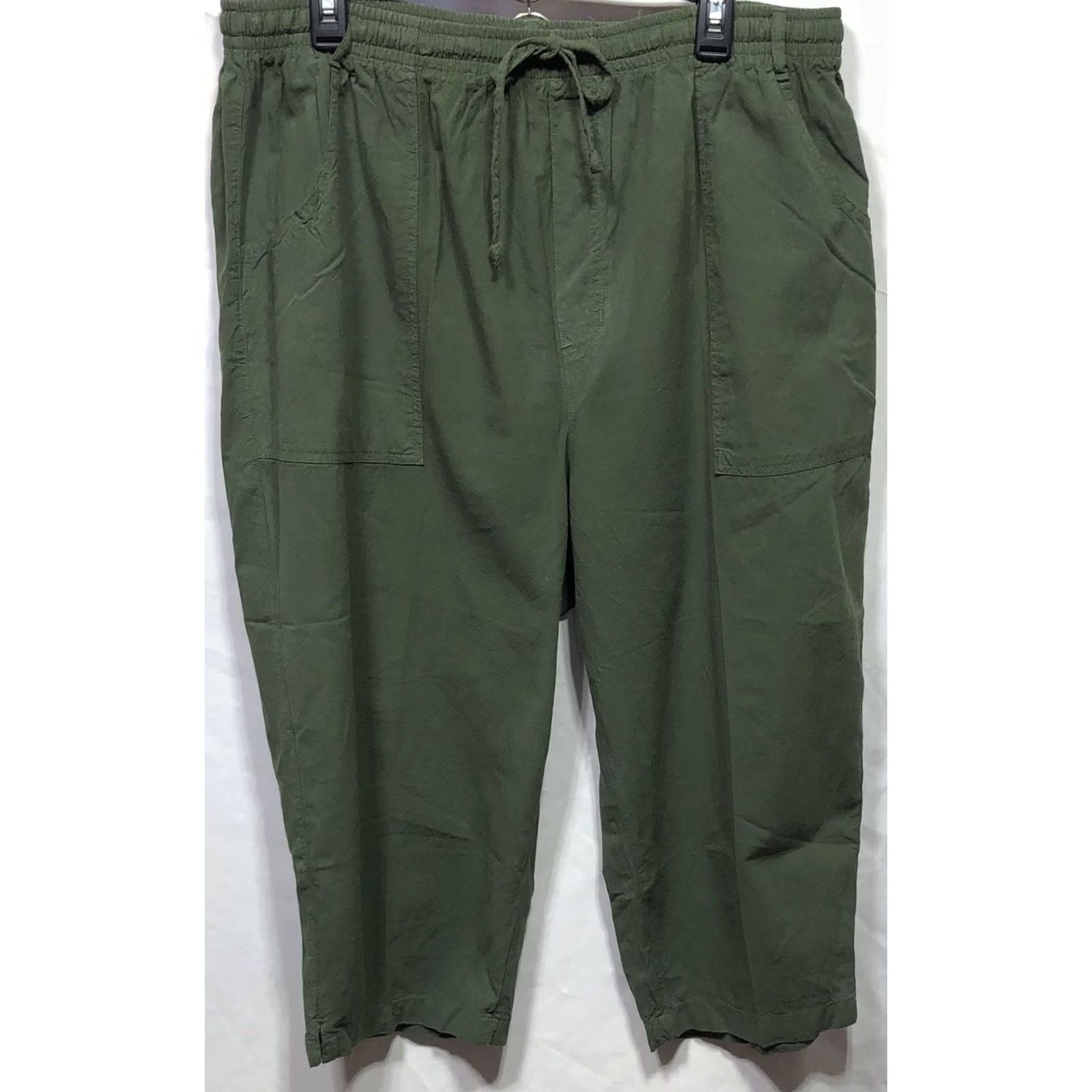 Basic Editions VINTAGE Basic Ed Capri Pants 1X Green Crinkle Cotton Elastic 36" Waist Pockets Womens Size 40" / US 18 - 5 Thumbnail