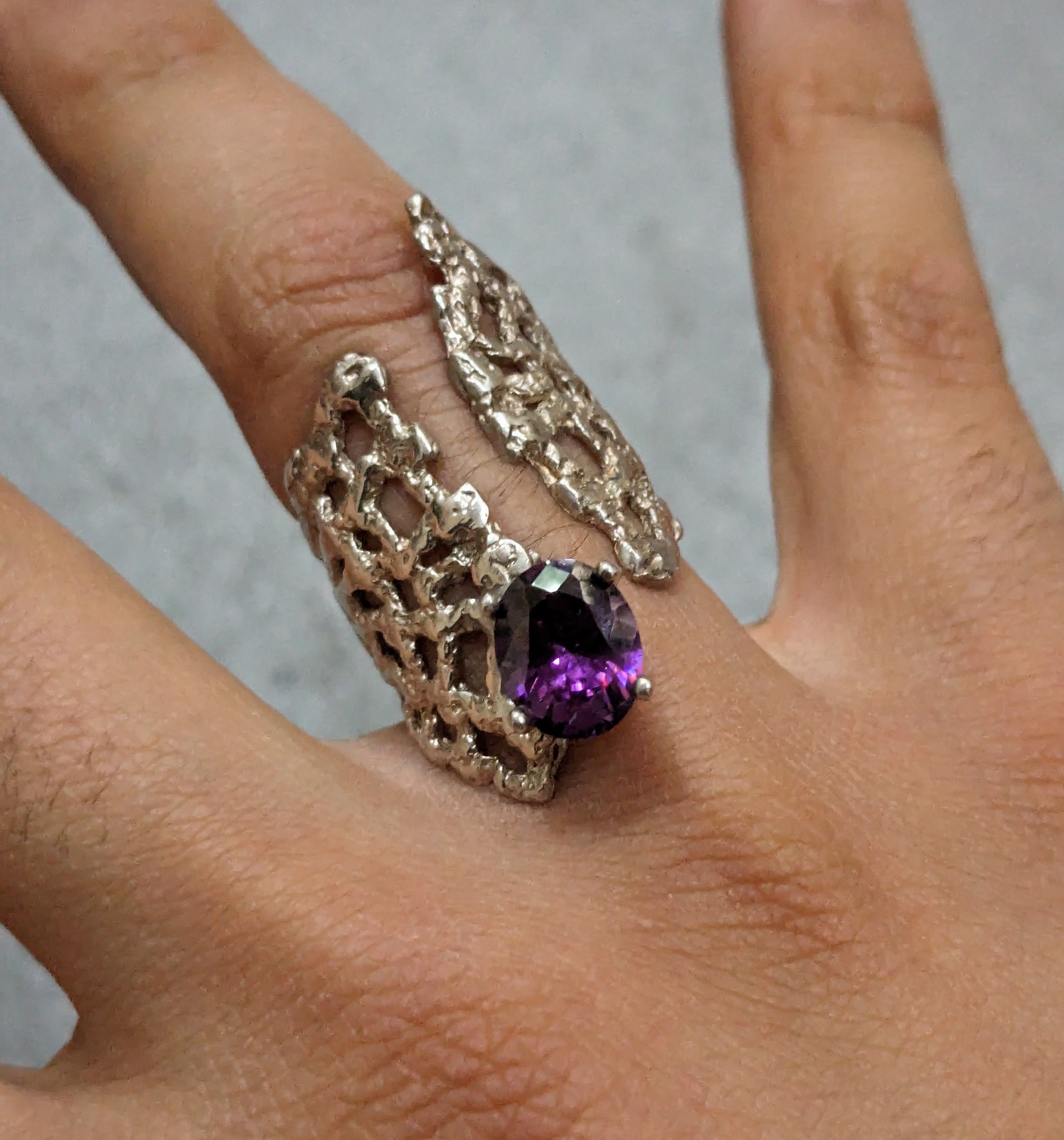 Sterling Silver Ring Amethyst Size Adjustable Brutalist