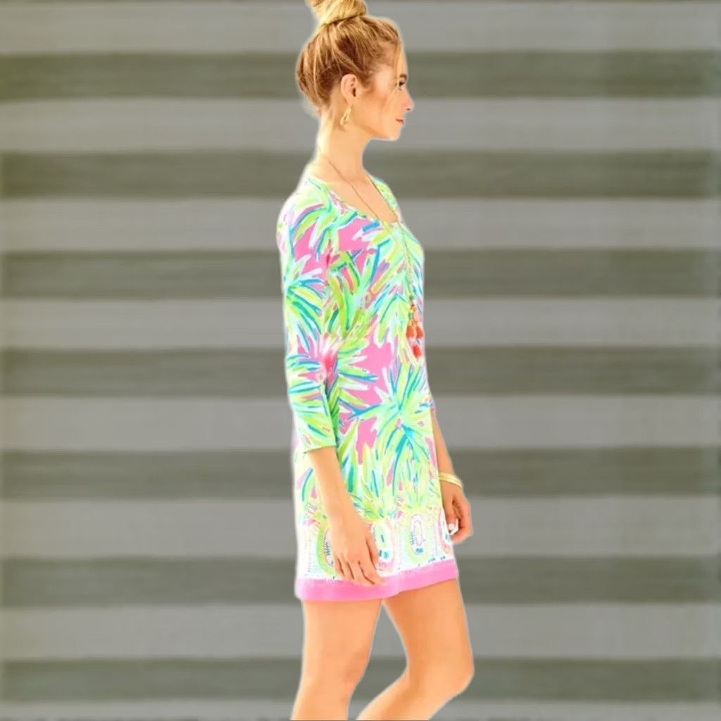 Lilly Pulitzer Dress Xs Shift Tropical Pink Green Pima Cotton Floral Long Sleeve Womens, Women's