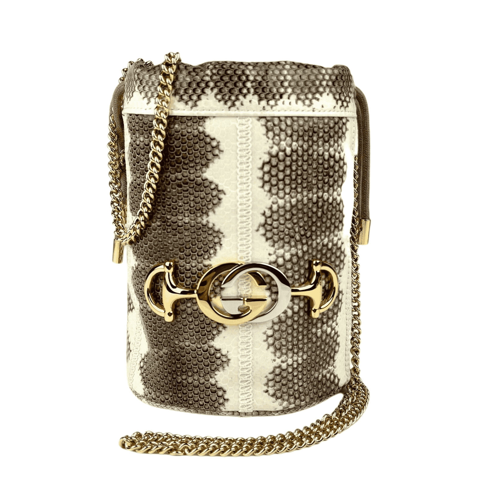 Gucci Zumi White/Gray Snakeskin Mini Drawstring Bucket Chain Bag Size ONE SIZE - 1 Thumbnail