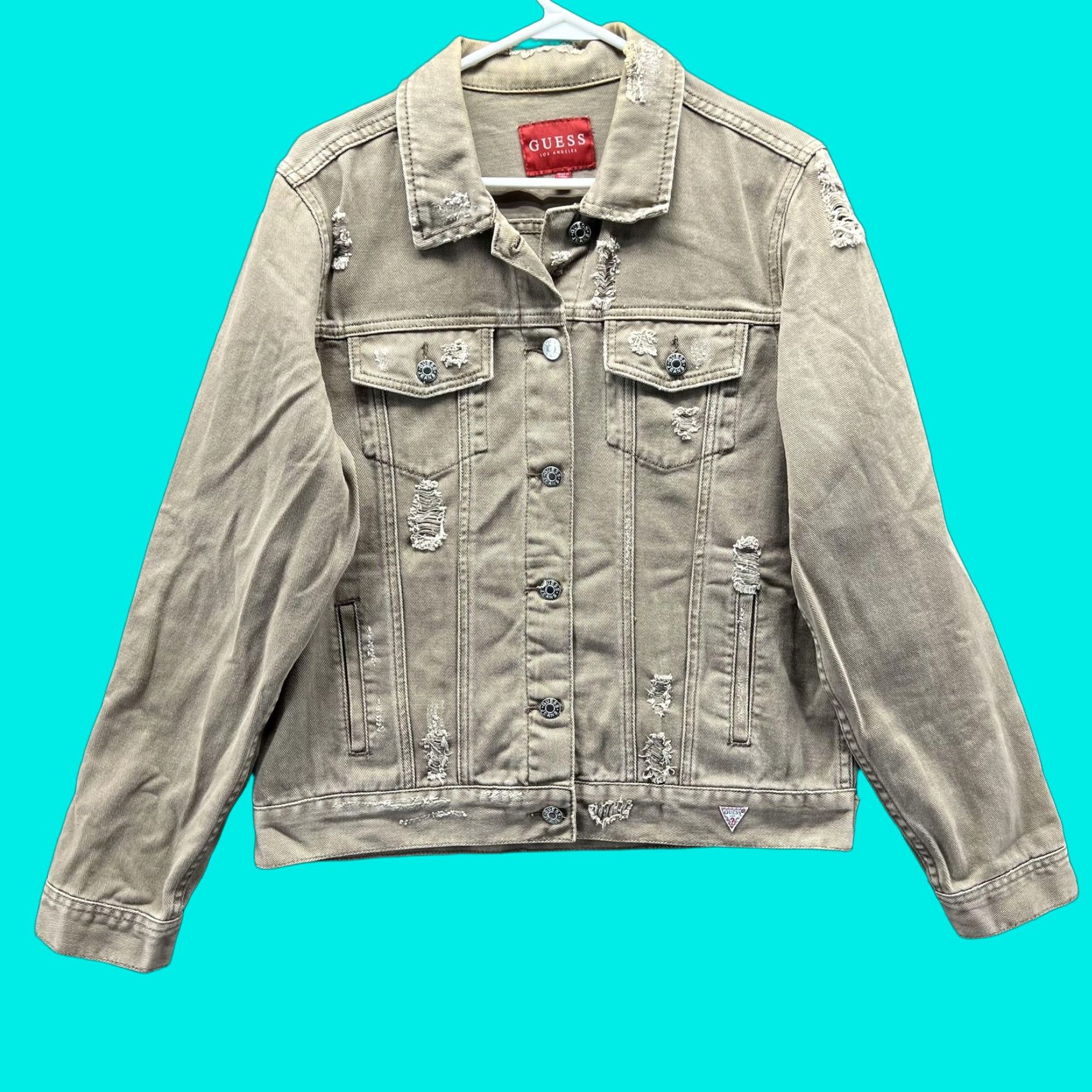 Guess VINTAGE? No. Guess Jeans Jacket Womens Medium Beige Distressed Denim Trucker Button Up Size 32" / US 10 / IT 46 - 1 Thumbnail