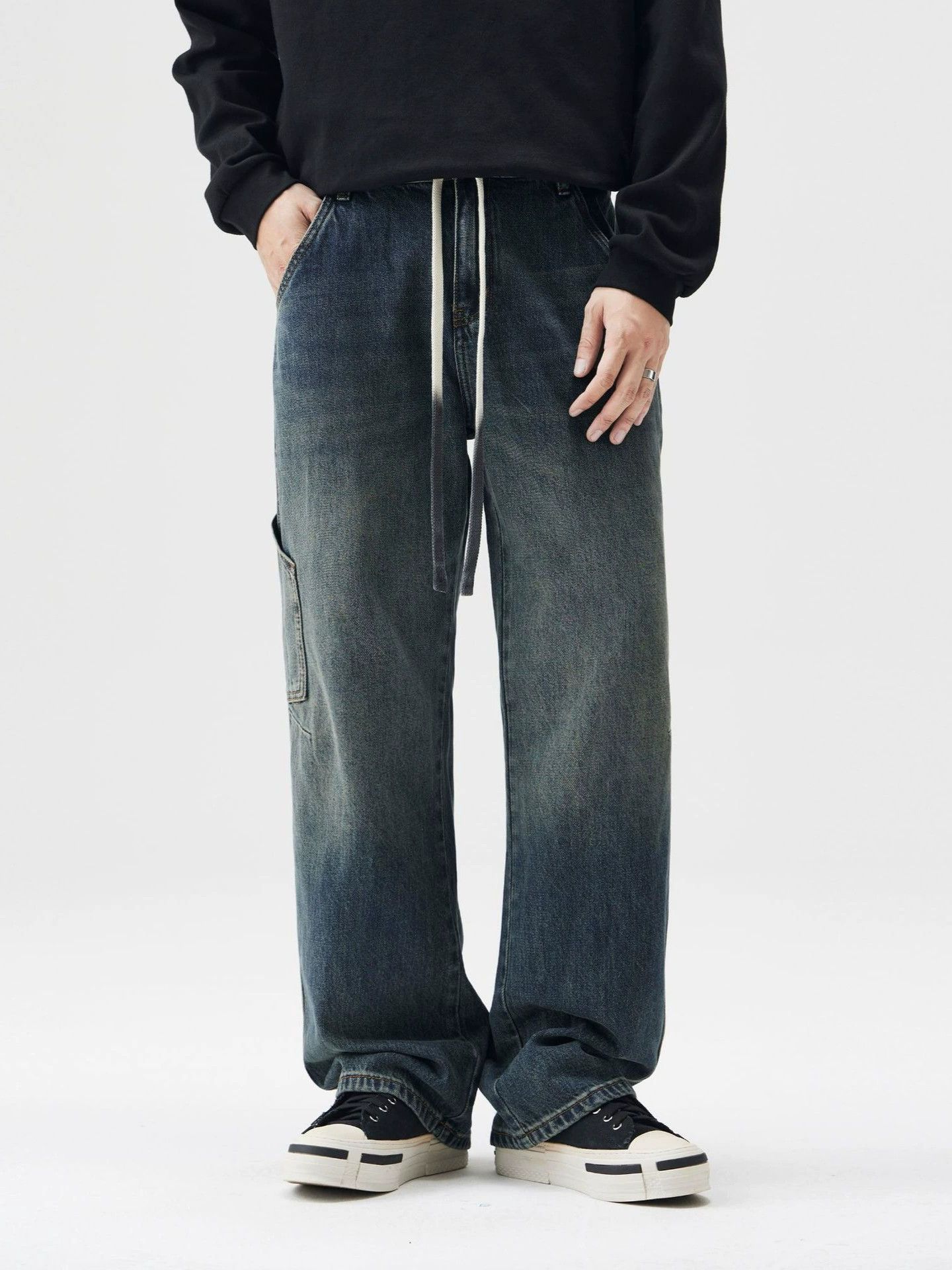 Jean Japanese trendy workwear straight wide-leg drawstring jeans Size US 32 / EU 48 - 2 Thumbnail
