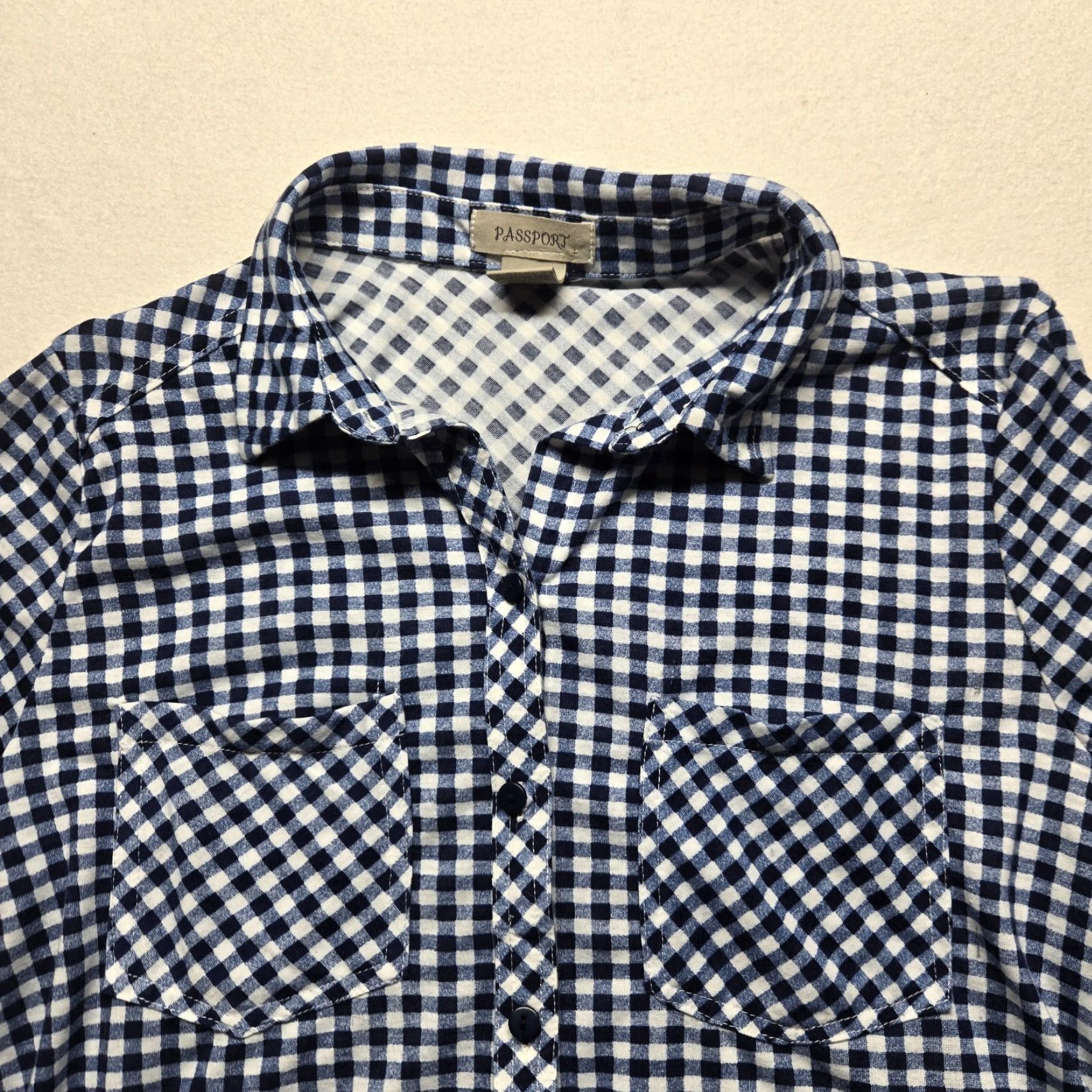 Vintage Passport Shirt Large Women Blue Check Shirt with Pockets Button Front Tie Front Casual Short Sleeve Size L / US 10 / IT 46 - 2 Thumbnail