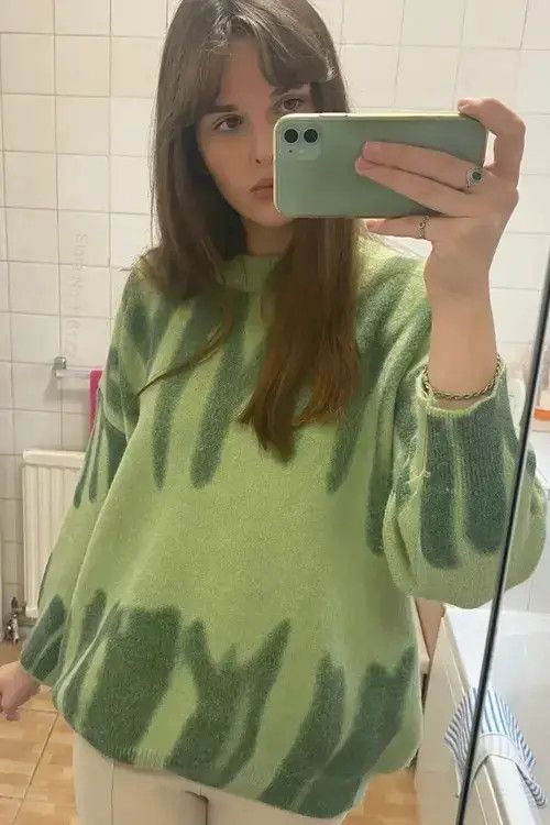 Japanese Brand Aproms Elegant Green Striped Print Pullovers Size ONE SIZE - 4 Thumbnail