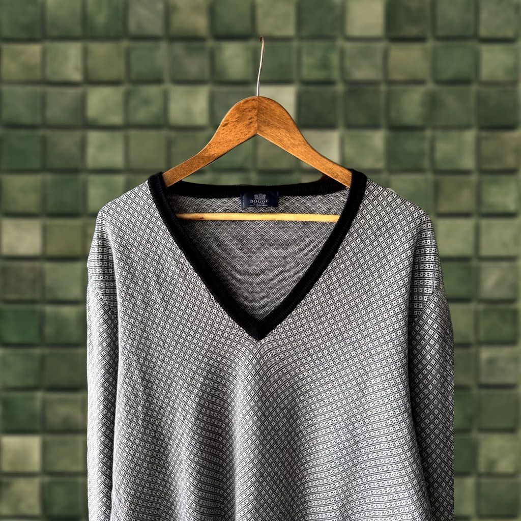 Vintage Boggi Milano Sweater V-Neck Wool Cotton Grey Herringbone Men’s Sz L-XL Pullover Card Ac? Size US L / EU 52-54 / 3 - 1 Thumbnail