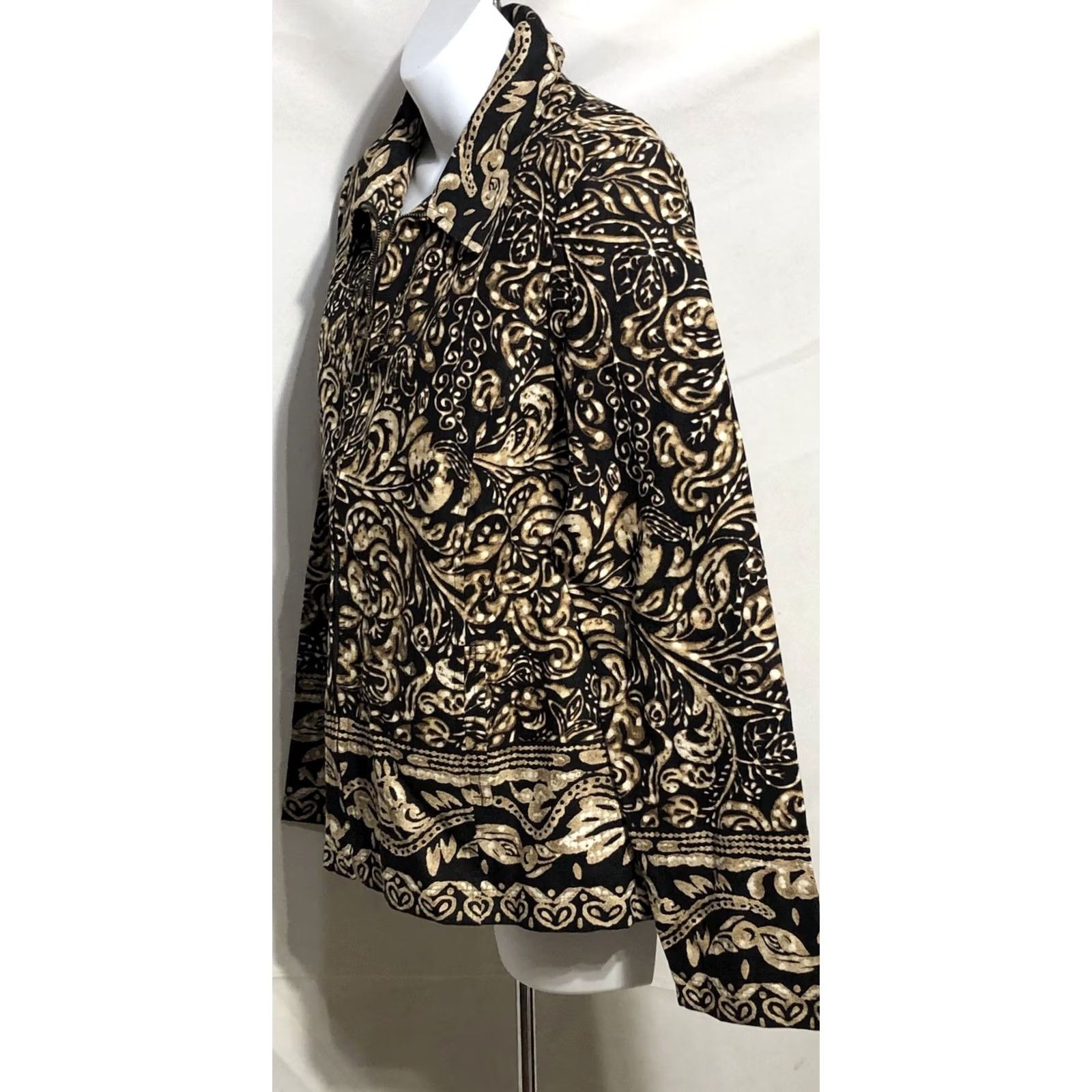 Vintage RQT Linen Jacket Size 10 Blk Gold Geo Zipper Front Long Sleeve Lined Collar Womens Jacket Geometric Boho Casual Travel Workwear Size L / US 10 / IT 46 - 2 Thumbnail