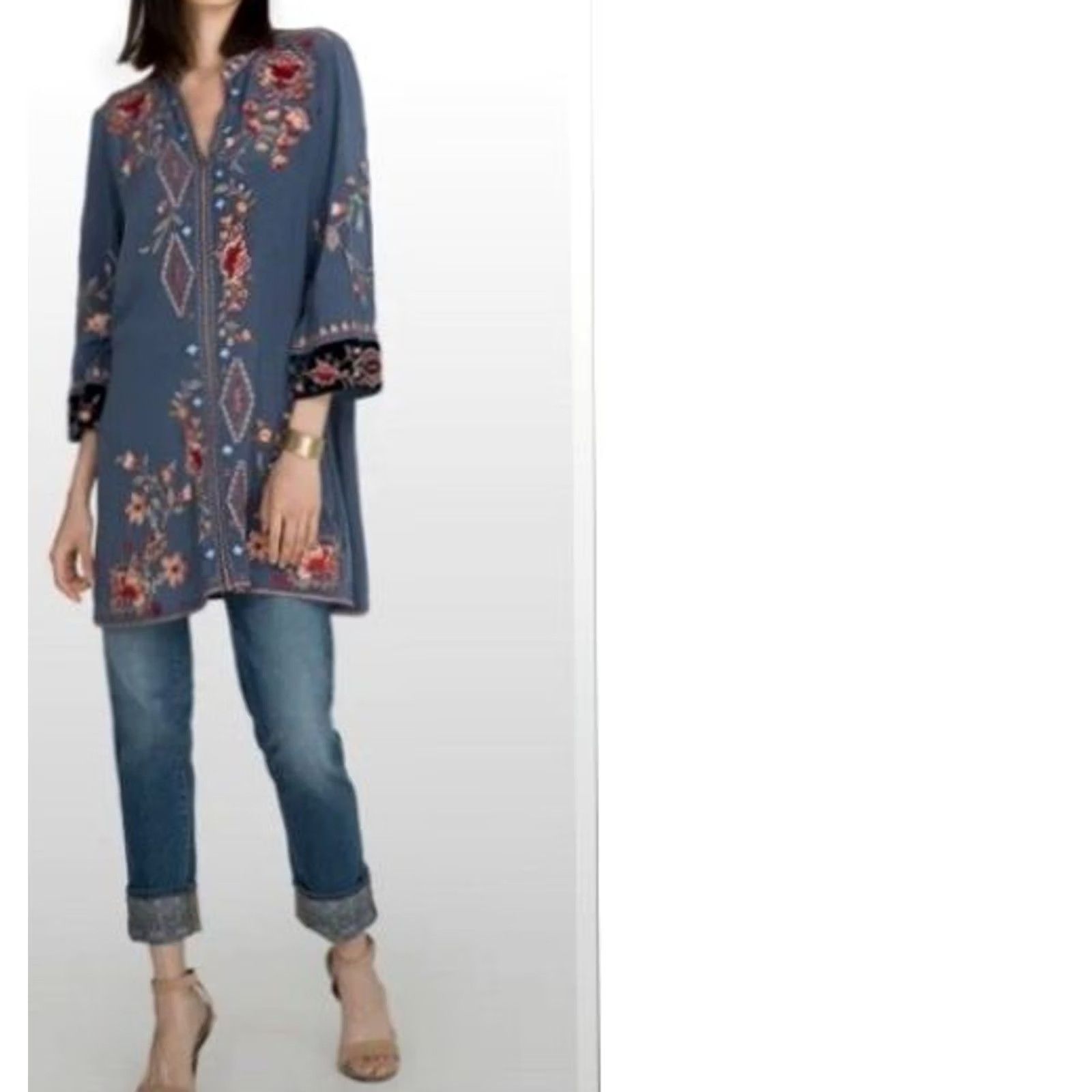 Johnny Was Johnny Was Workshop Embroidered Silk Tunic Mini Dress 3/4 Sleeve Velvet Cuffs M Size M / US 6-8 / IT 42-44 - 6 Thumbnail