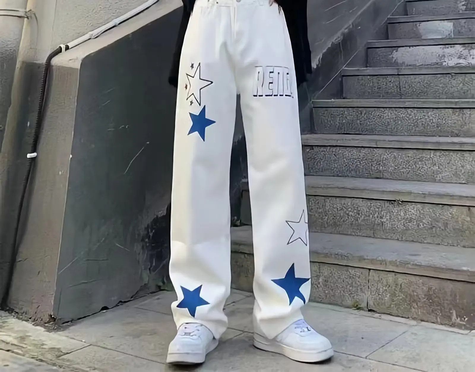 image of Stars Pattern Graffiti Trousers Straight Wide Leg Pants in White, Men's (Size 32)