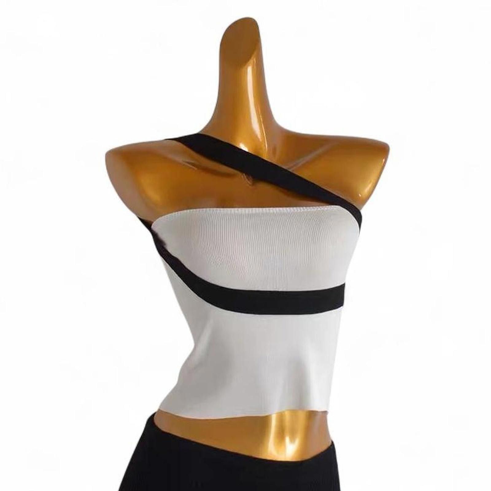 Japanese Brand Deadstock black and white knit striped one shoulder tank top Size ONE SIZE - 1 Thumbnail