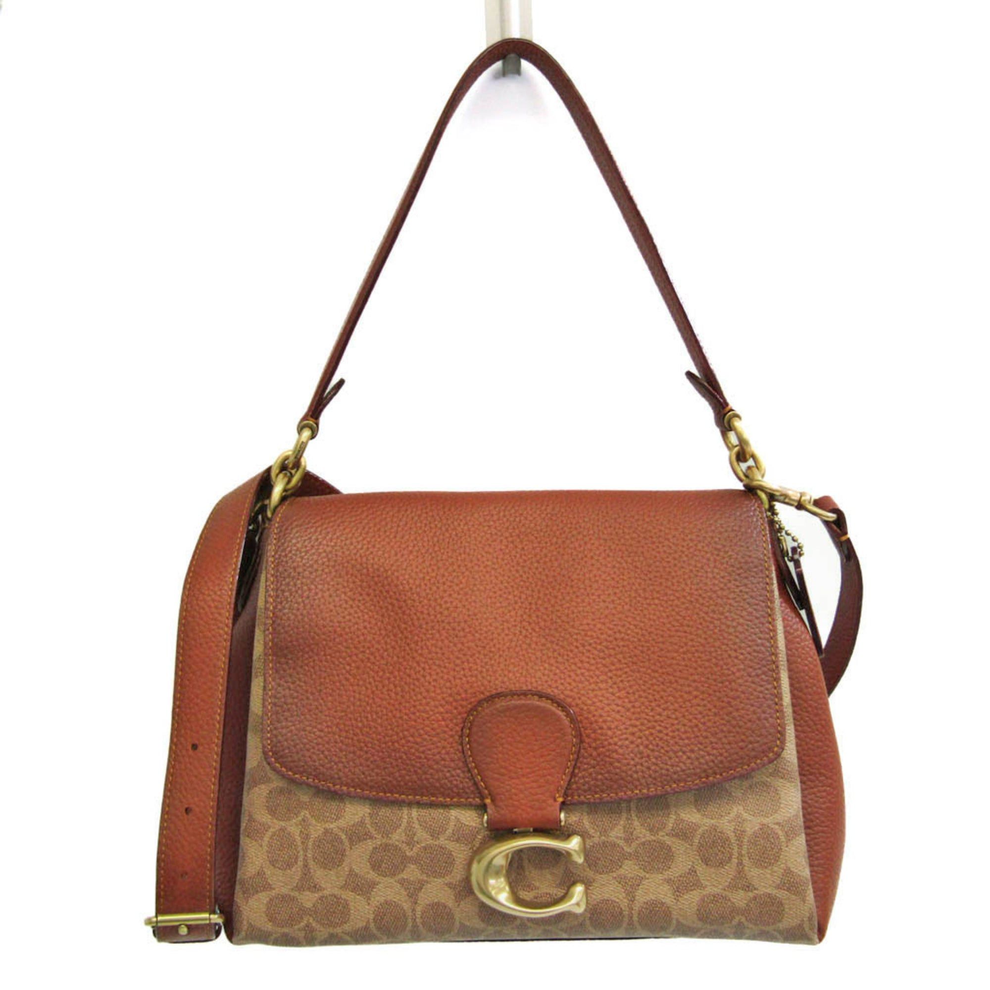 image of Coach Signature Mei 5229 Women's Coated Canvas,leather Shoulder Bag Beige,red Brown in Black