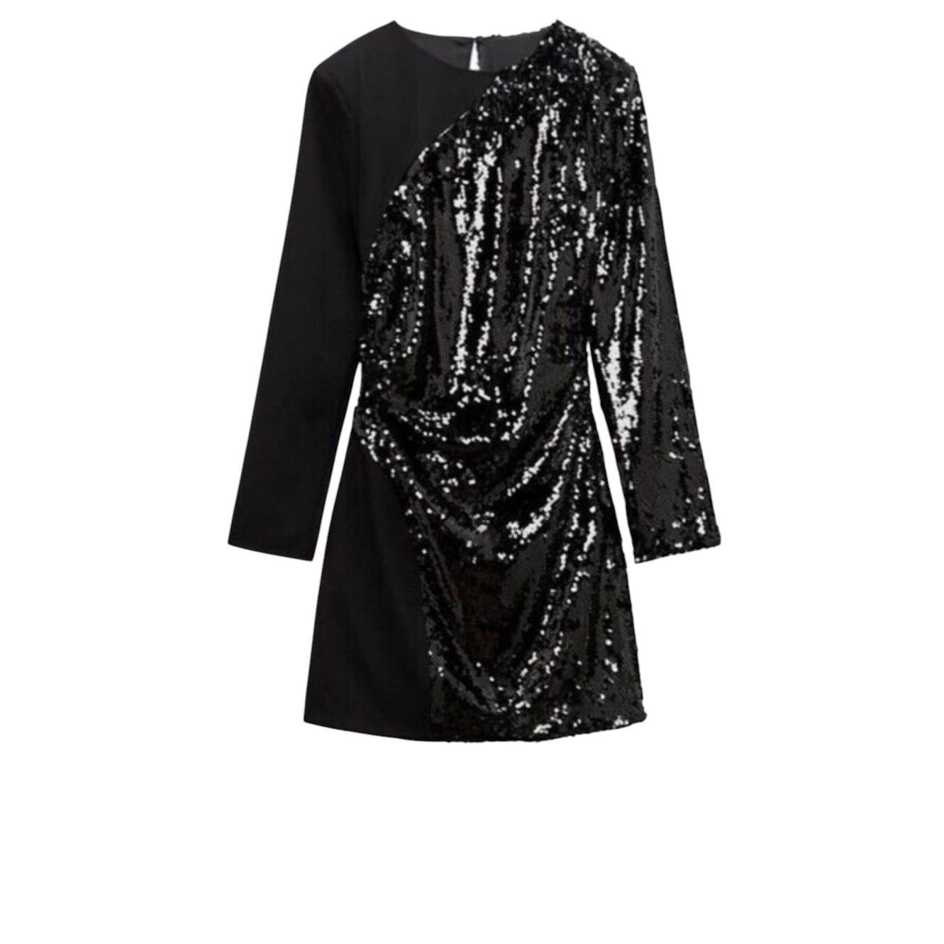 Zara Zara Black Sequin Contrast Mini Dress Long Sleeve Ruched Size XS / US 0-2 / IT 36-38 - 2 Thumbnail
