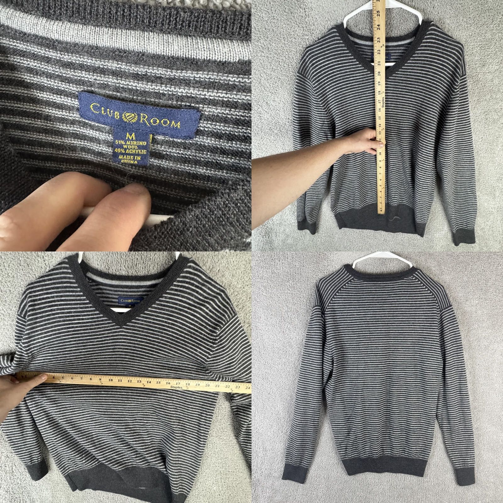 Club Room Club Room Sweater Mens Medium Gray Striped V Neck Merino Wool Acrylic Pullover Size US M / EU 48-50 / 2 - 8 Thumbnail