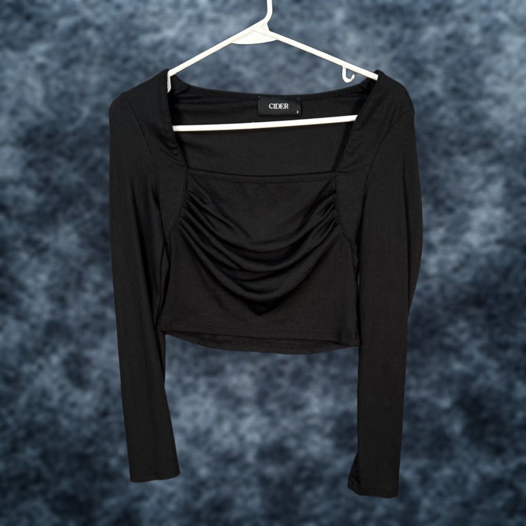 Cider Cider Blouse Shirt Womens Small Black Long Sleeve Square Neck Ruched Cropped Top Size S / US 4 / IT 40 - 1 Thumbnail