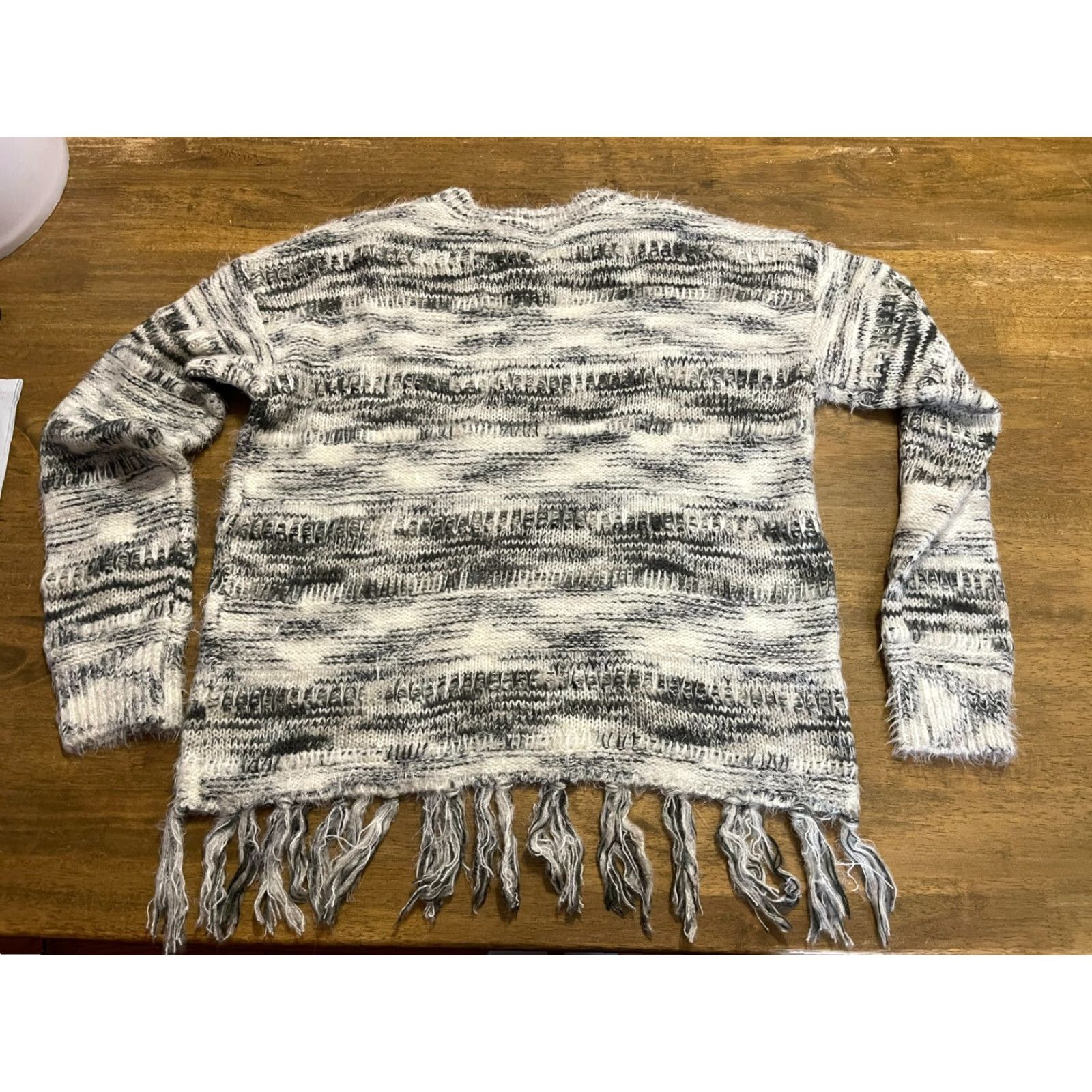 Vintage Navleen Sweater Women's Large Knit Gray White Fringed Hem Pullover NWT Size L / US 10 / IT 46 - 2 Thumbnail