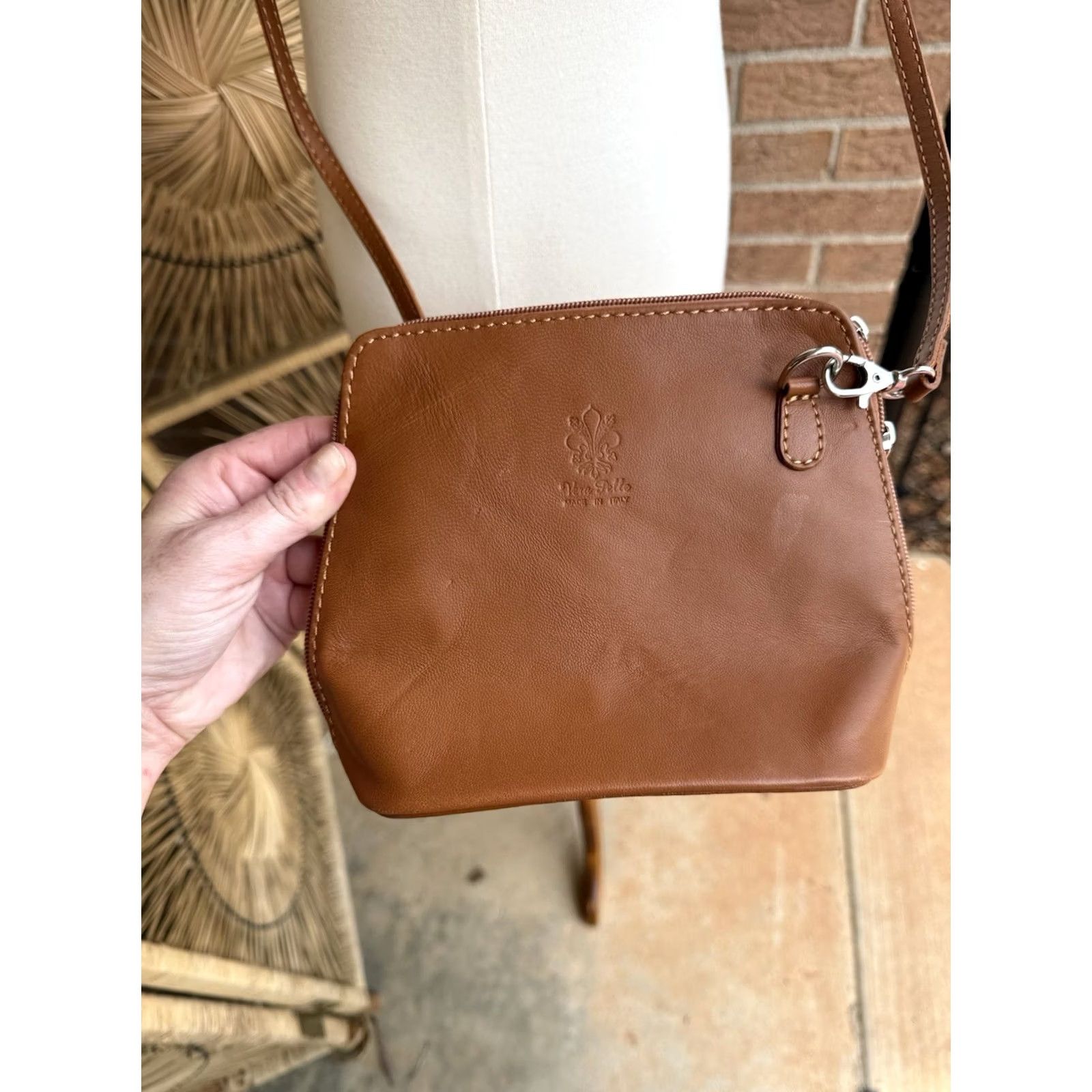 Vera Pelle Vera Pelle Crossbody Bag Small Leather Brown Italy Women's Zip Inner Dividers Silver Hardware Size ONE SIZE - 2 Thumbnail