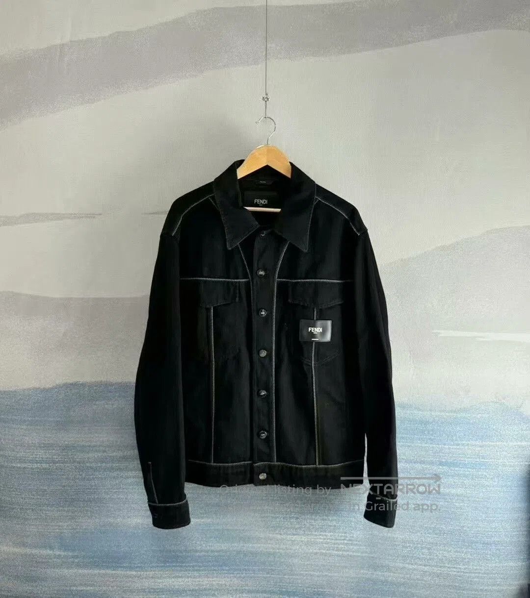 Fendi black denim jacket with leather patch. Size US L / EU 52-54 / 3 - 1 Thumbnail